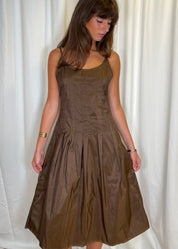 Bella Wynne Inverted Pleat Dress Cotton Organdie Chocolate Brown