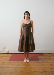 Bella Wynne Inverted Pleat Dress Cotton Organdie Chocolate Brown Lookbook Front