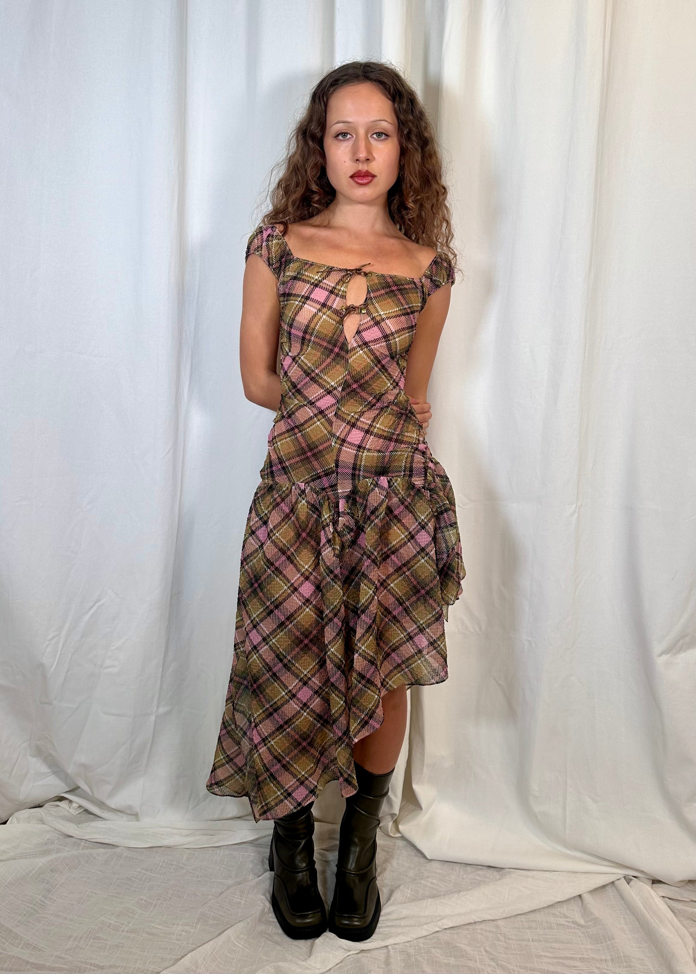 Plaid Puff Chiffon Asymmetrical Dress Smooky Plaid Puff Chiffon Asymmetrical Dress Smooky