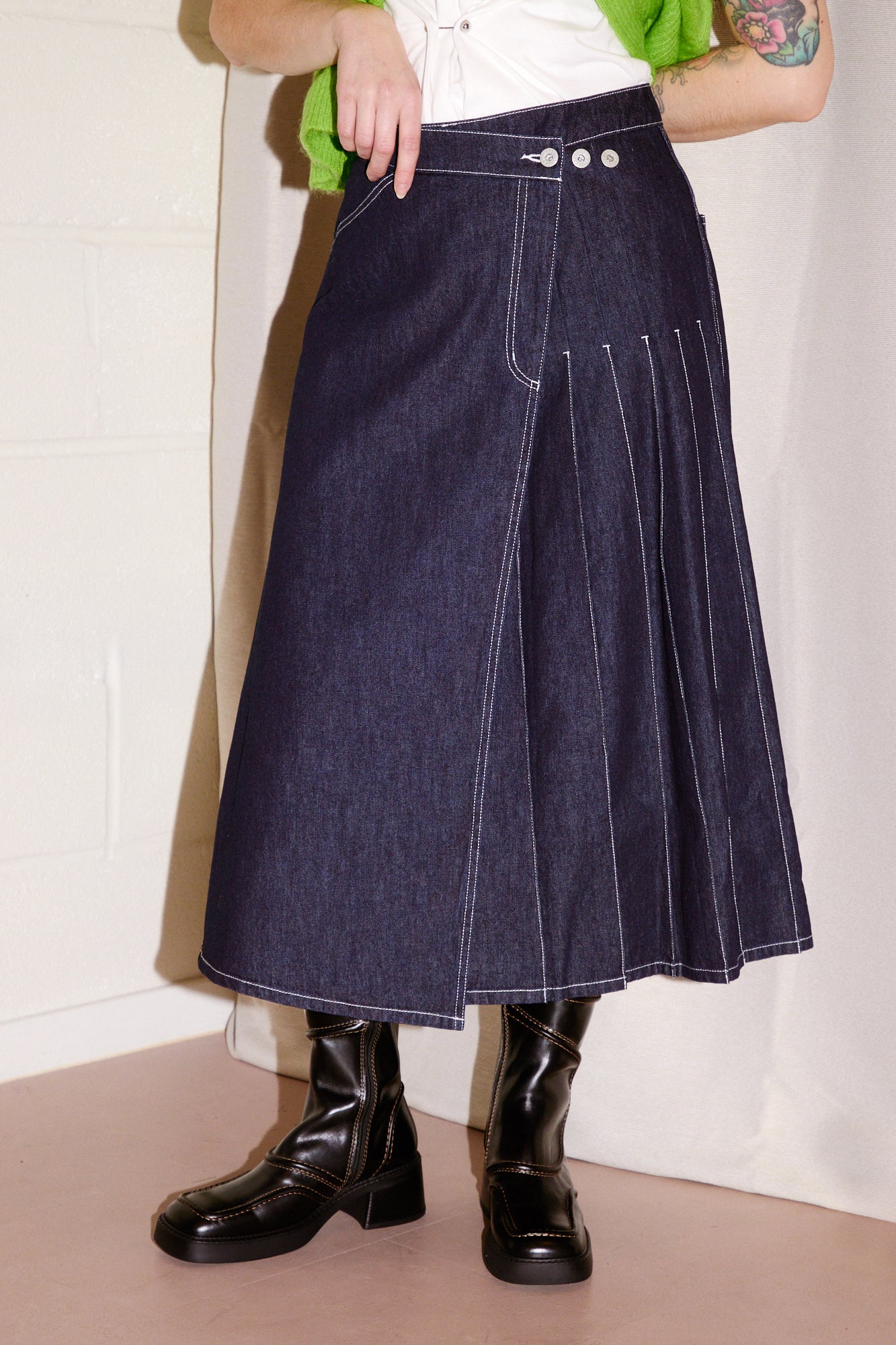 Denim pleated wrap skirt hotsell