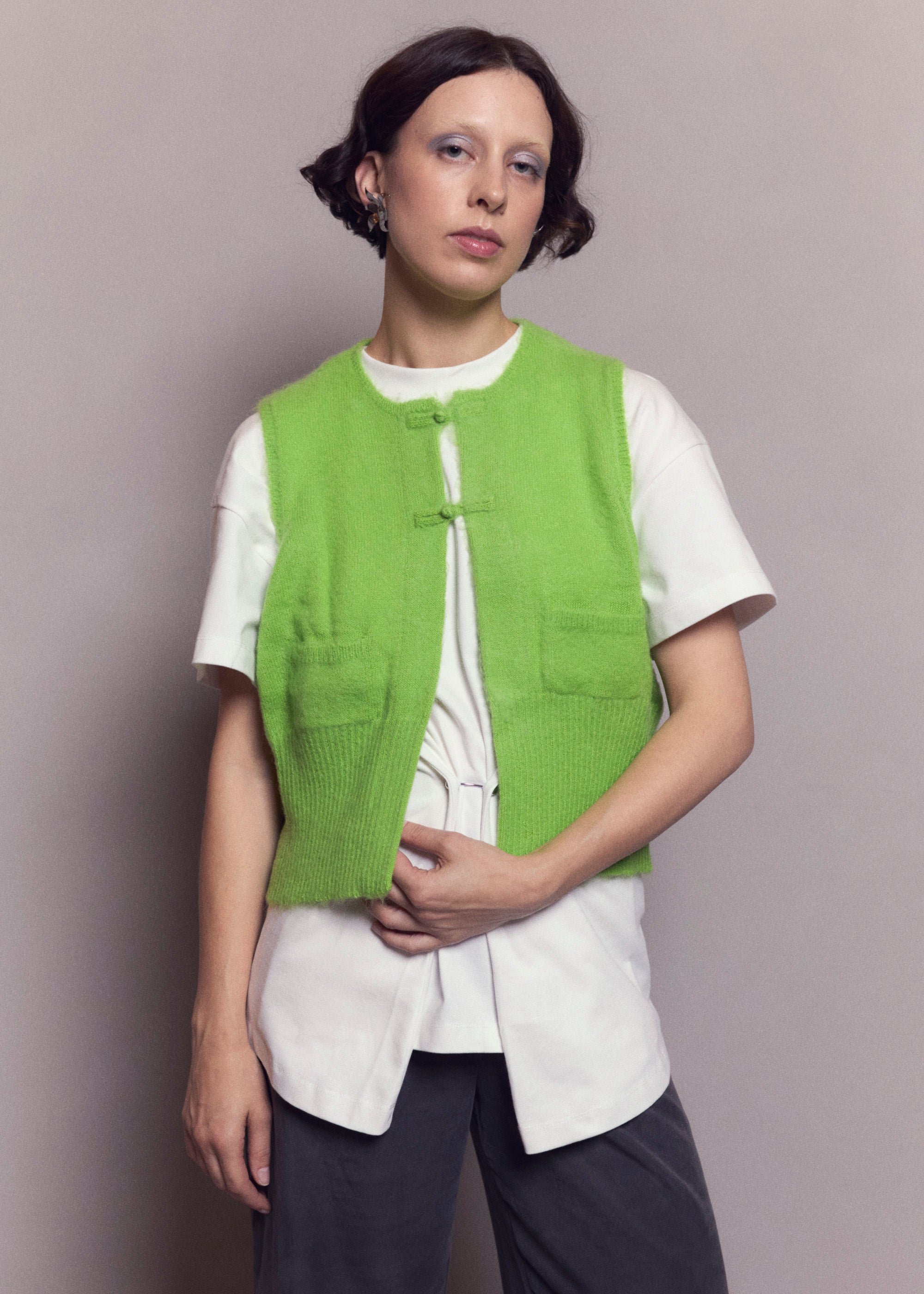 norah store aw24 campaign amber beams boy china lime green vest top