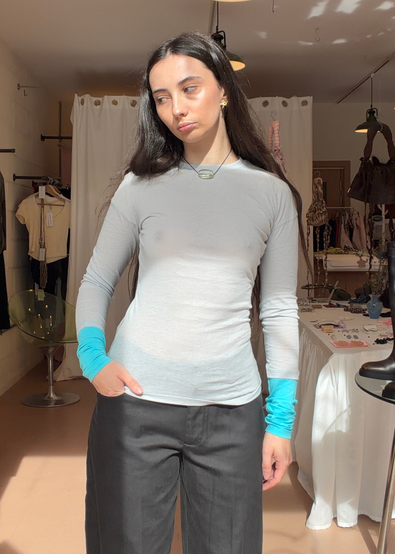 Paloma Long Sleeve Grey & Aqua