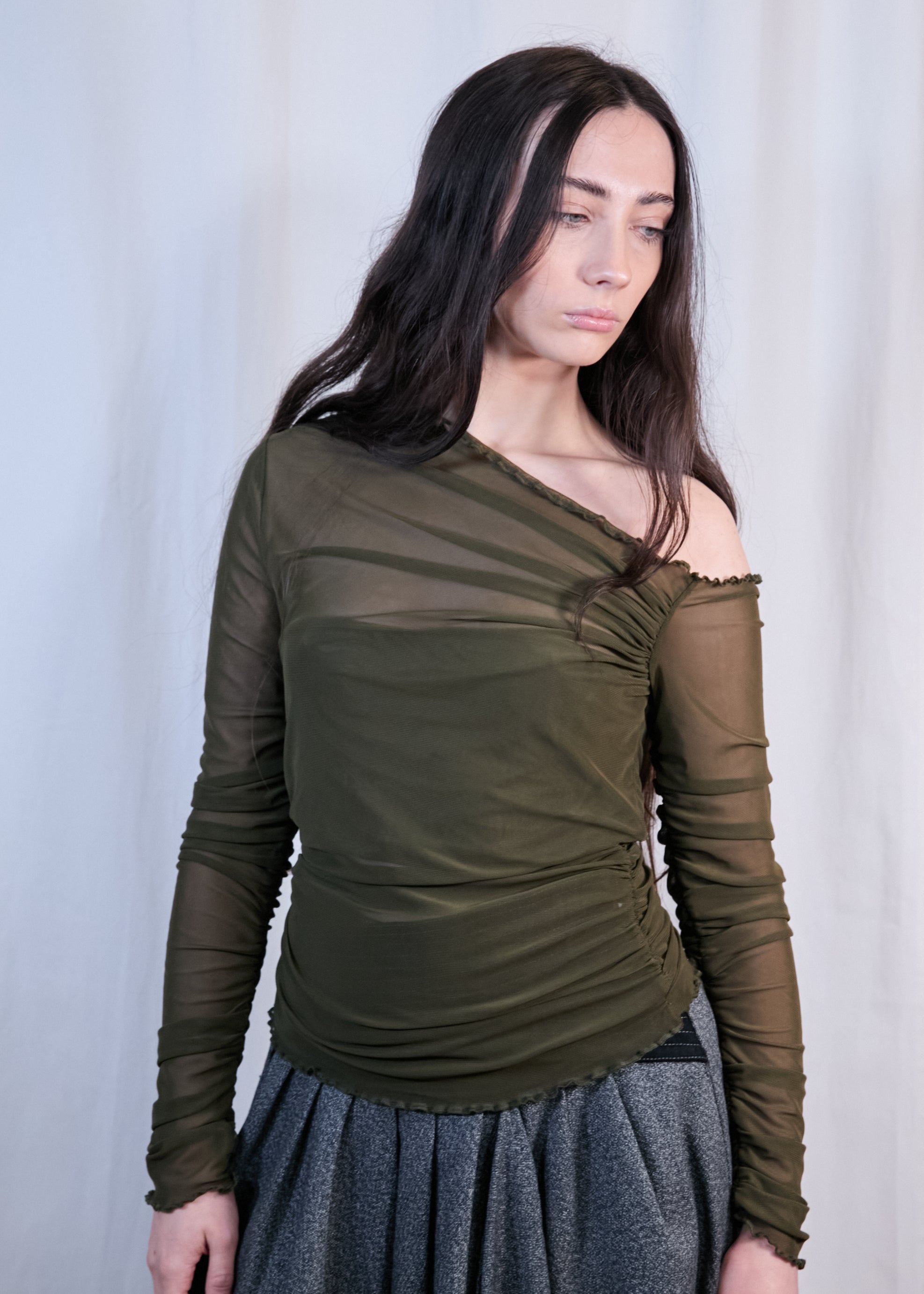 Green Mesh Ruched Off Shoulder Top