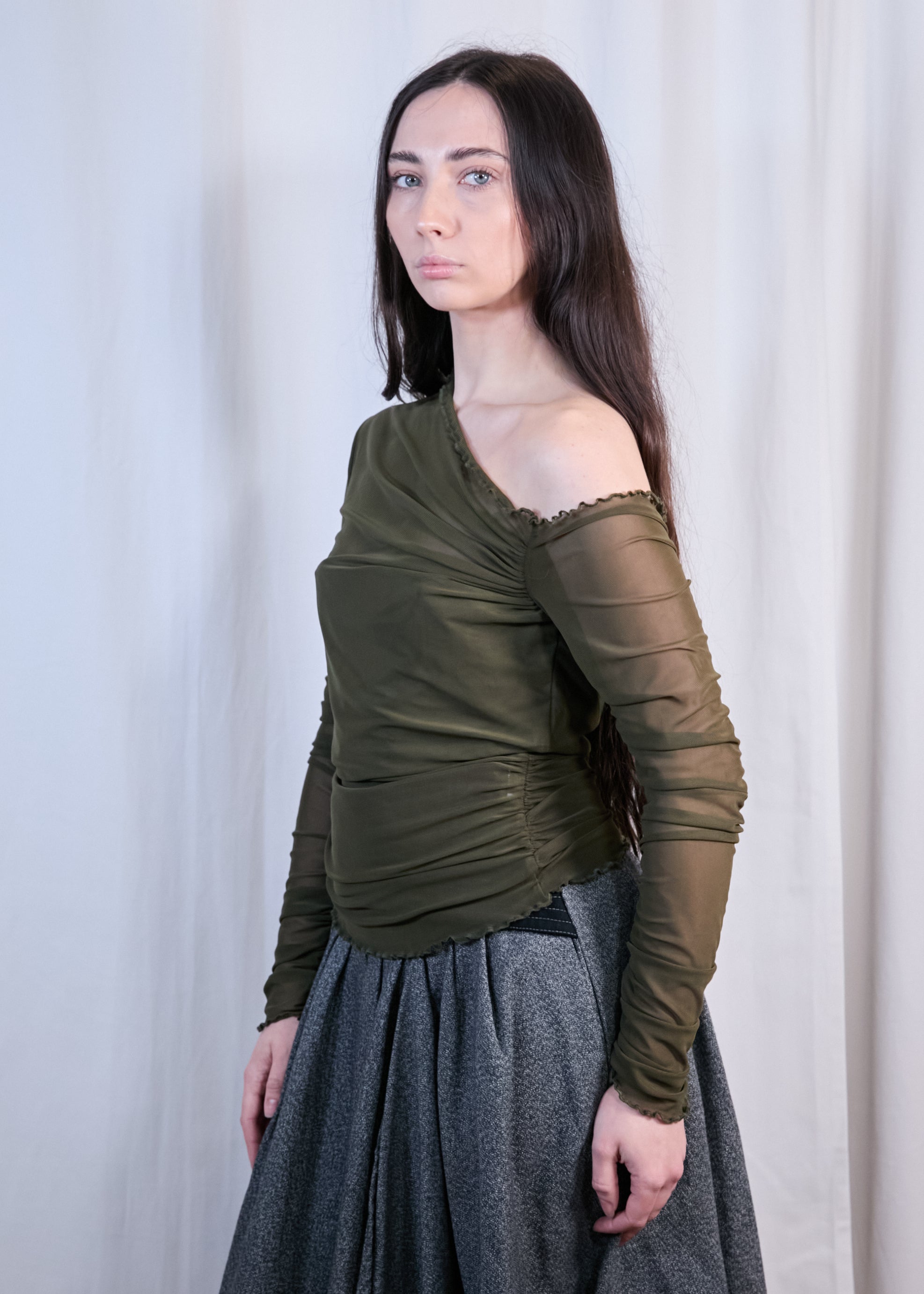 Green Mesh Ruched Off Shoulder Top