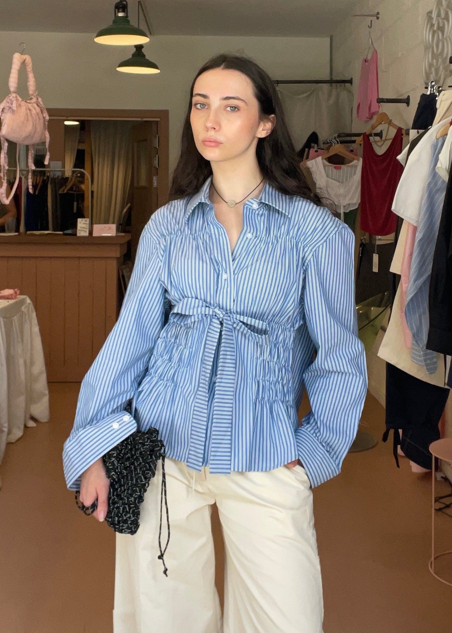Bustier Shirt in Blue and White Stripe