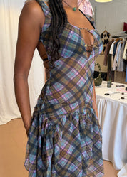 Plaid Puff Chiffon Asymmetrical Dress Kaleido