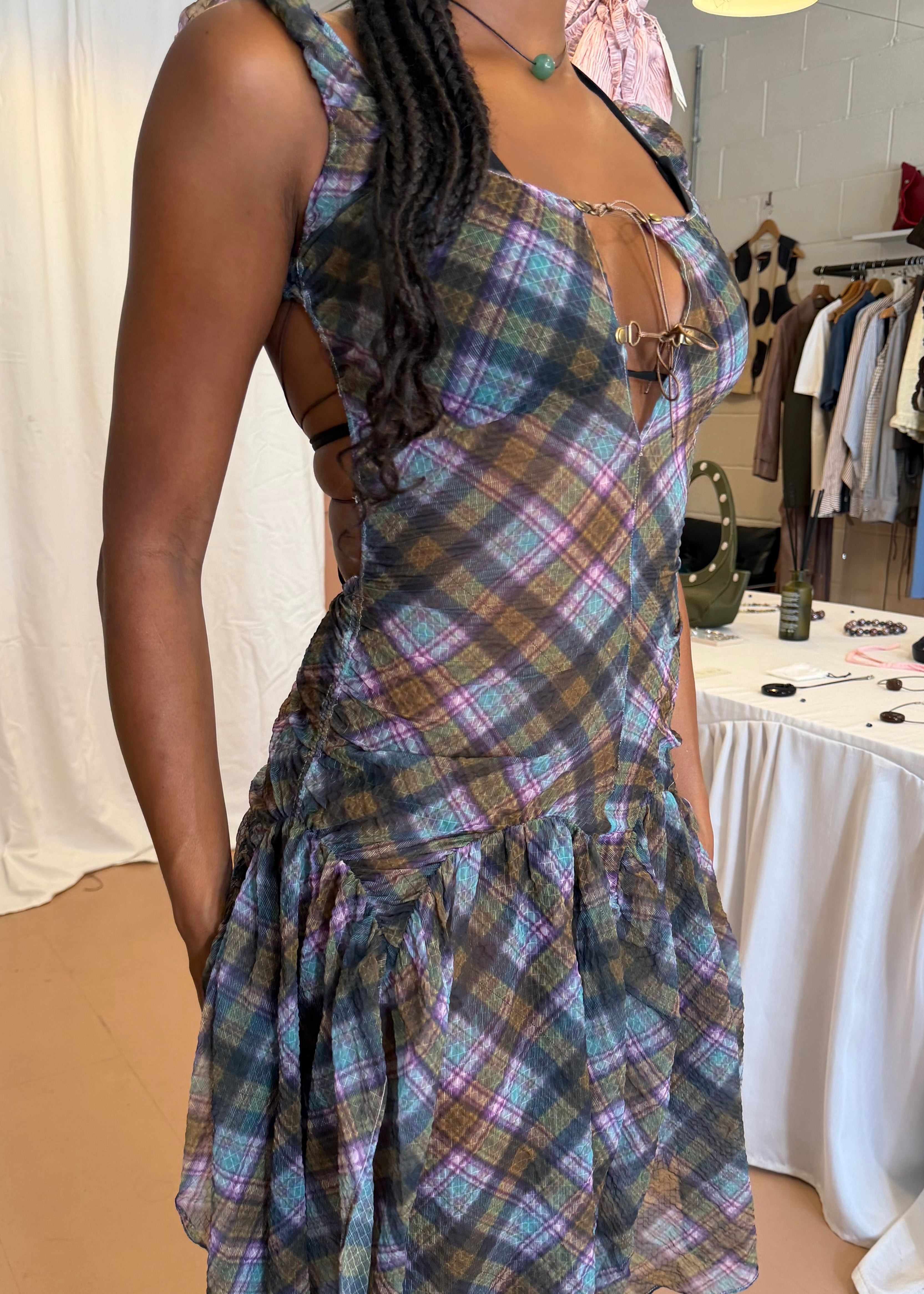 Plaid Puff Chiffon Asymmetrical Dress Kaleido