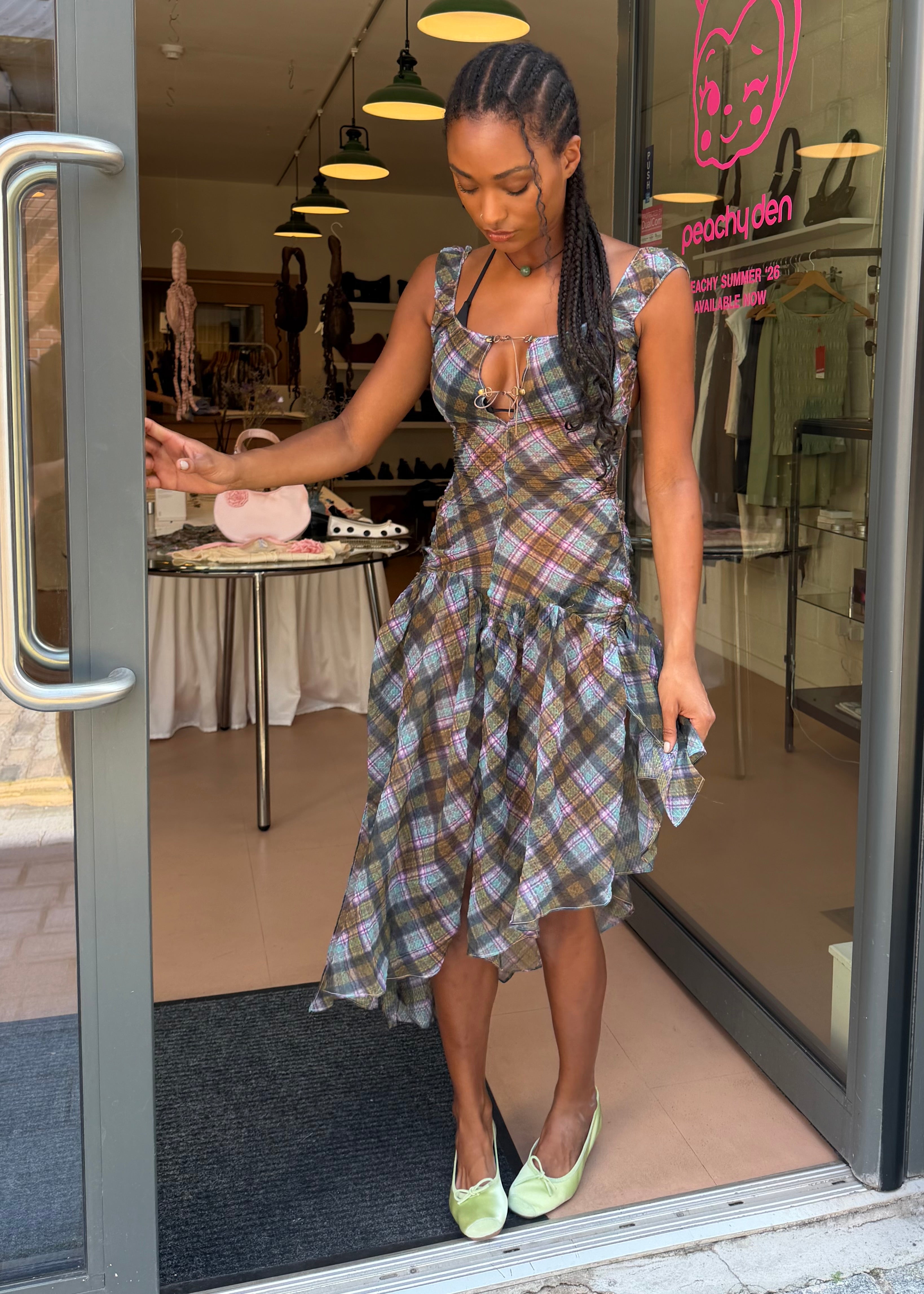 Plaid Puff Chiffon Asymmetrical Dress Kaleido