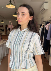 Cascade Shirt in Beige and Blue Stripe (Short Sleeve)
