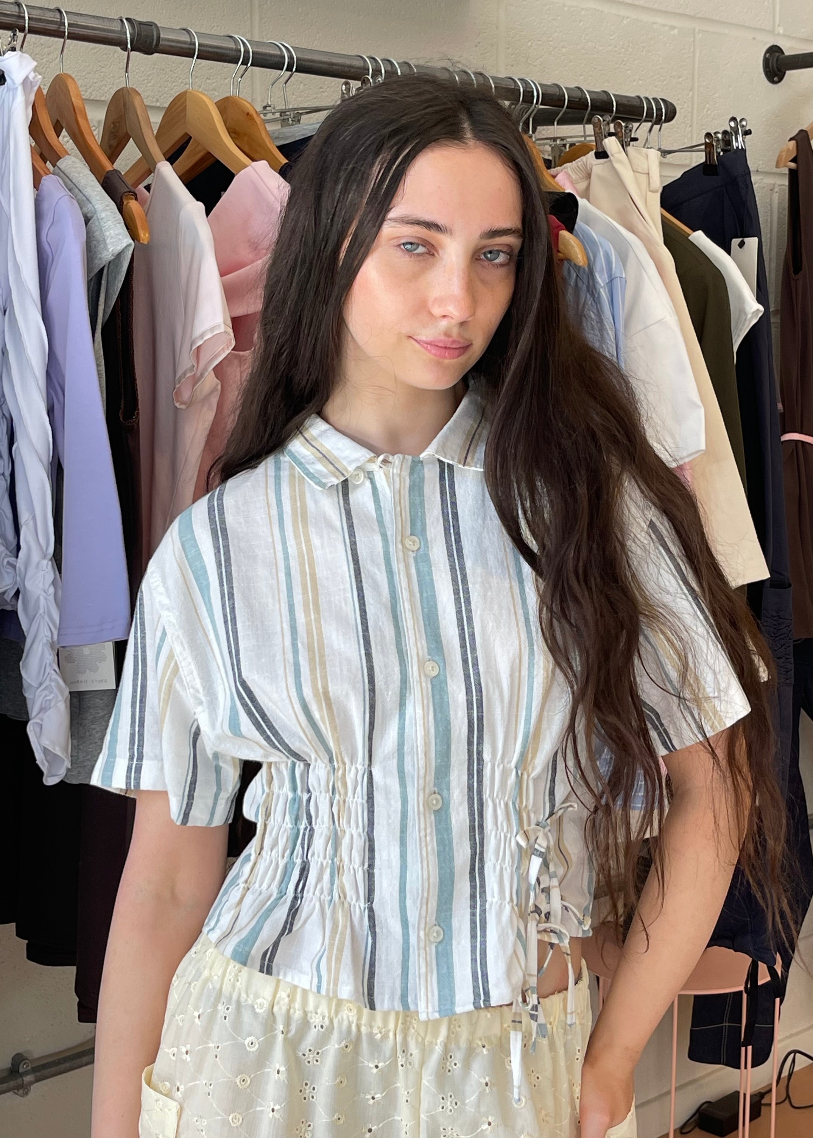 Cascade Shirt in Beige and Blue Stripe (Short Sleeve)