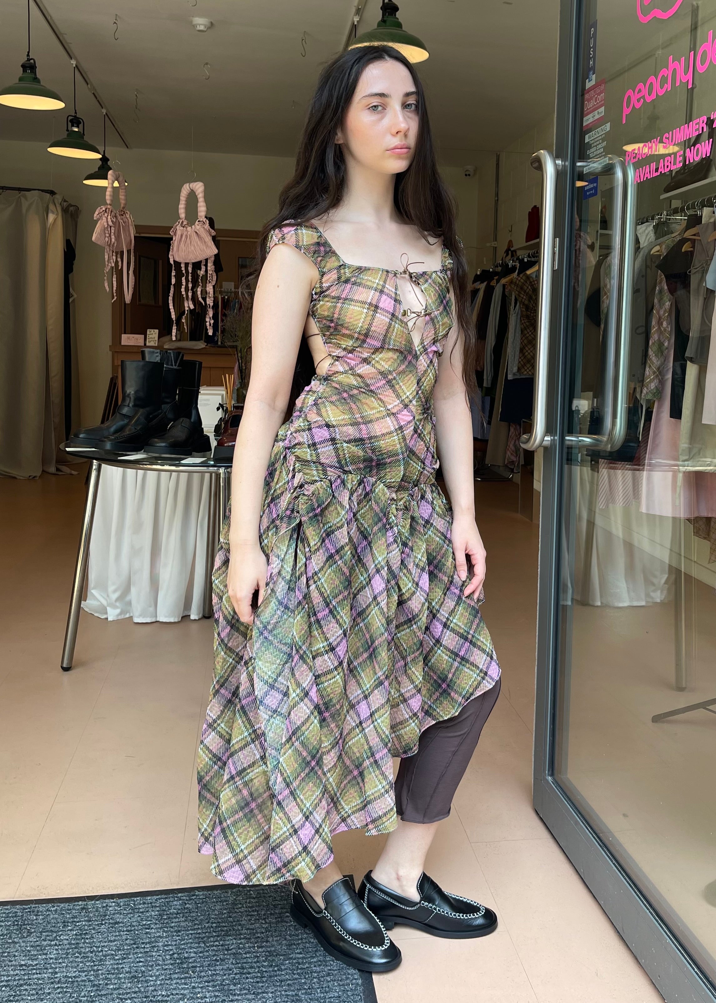 Plaid Puff Chiffon Asymmetrical Dress Smooky