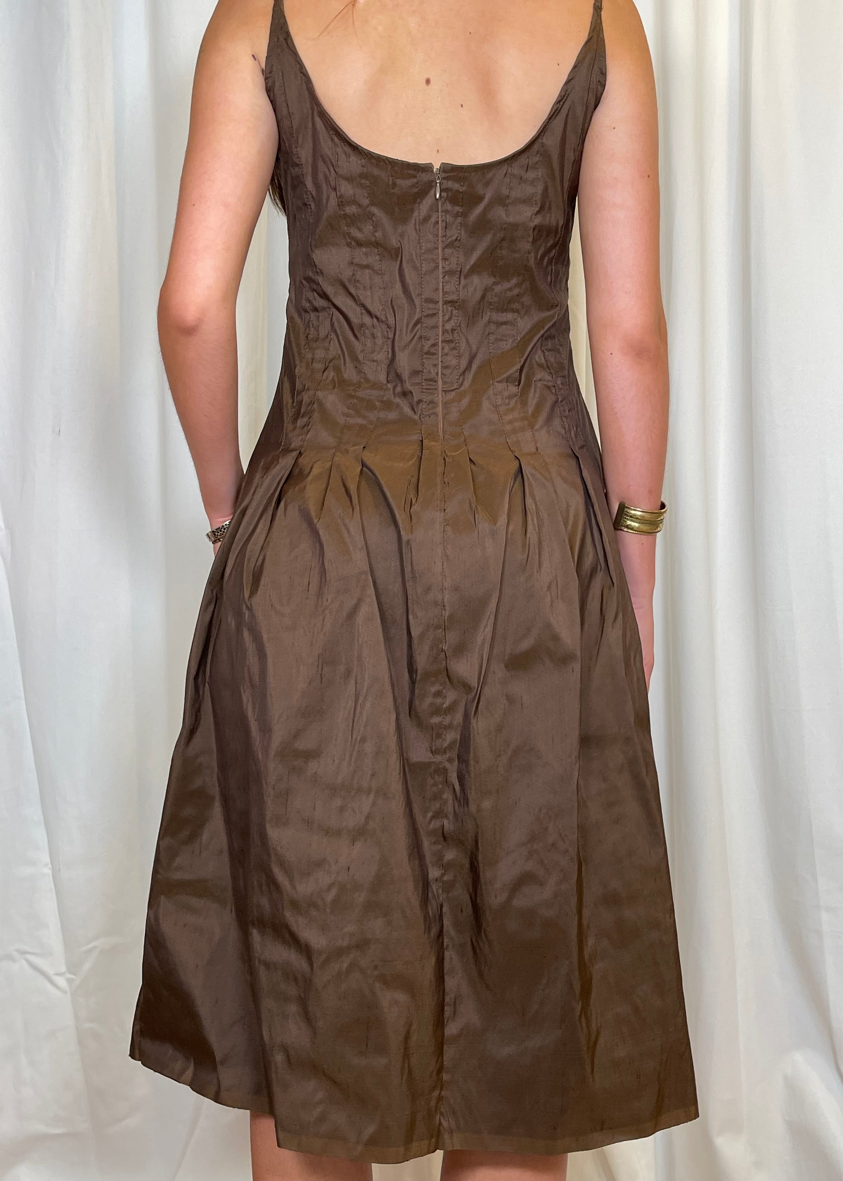 Bella Wynne Inverted Pleat Dress Cotton Organdie Chocolate Brown Back