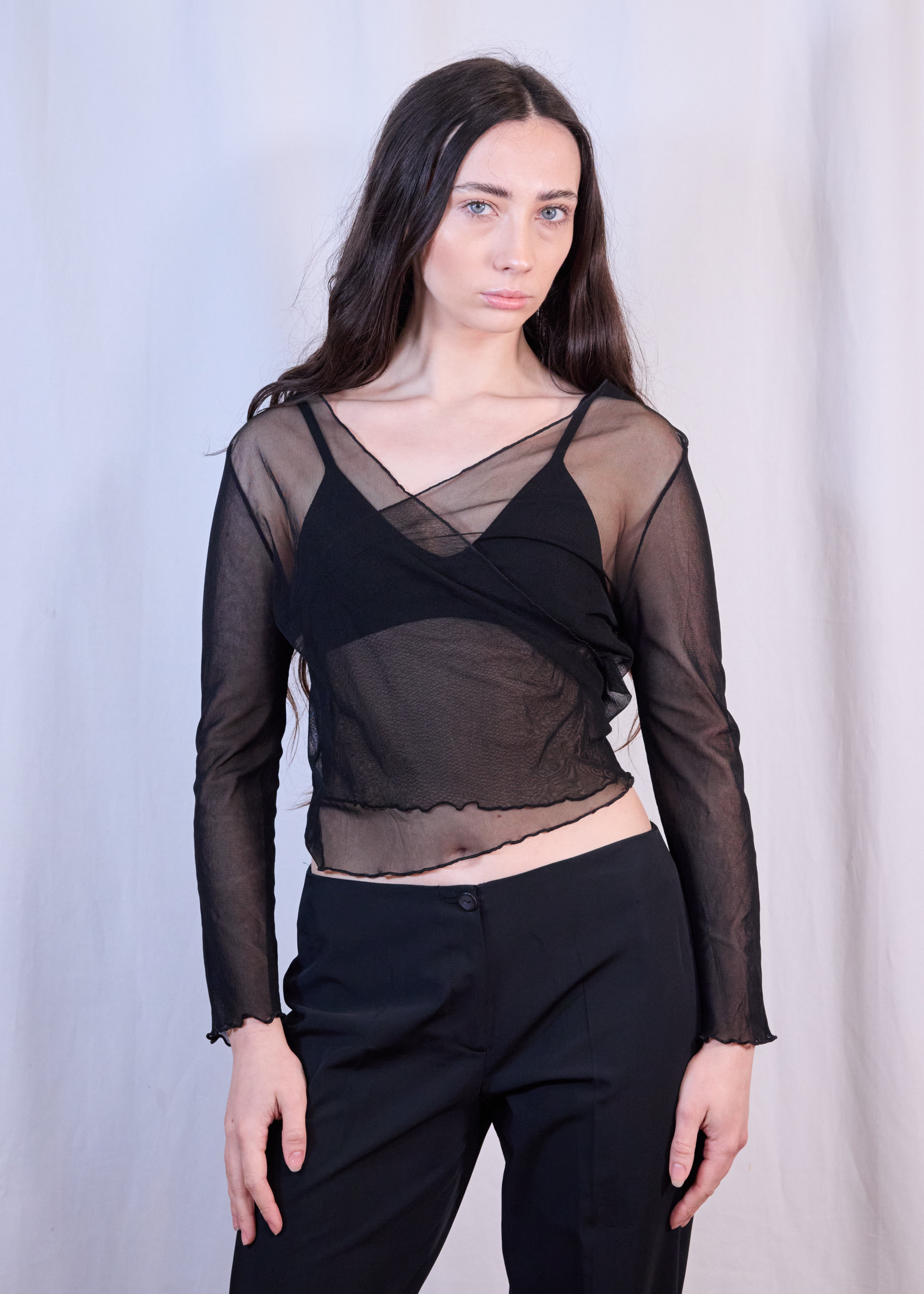 Black Mesh Front Wrap Top