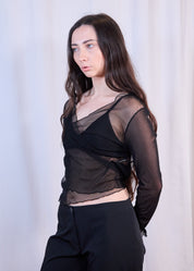 Black Mesh Front Wrap Top