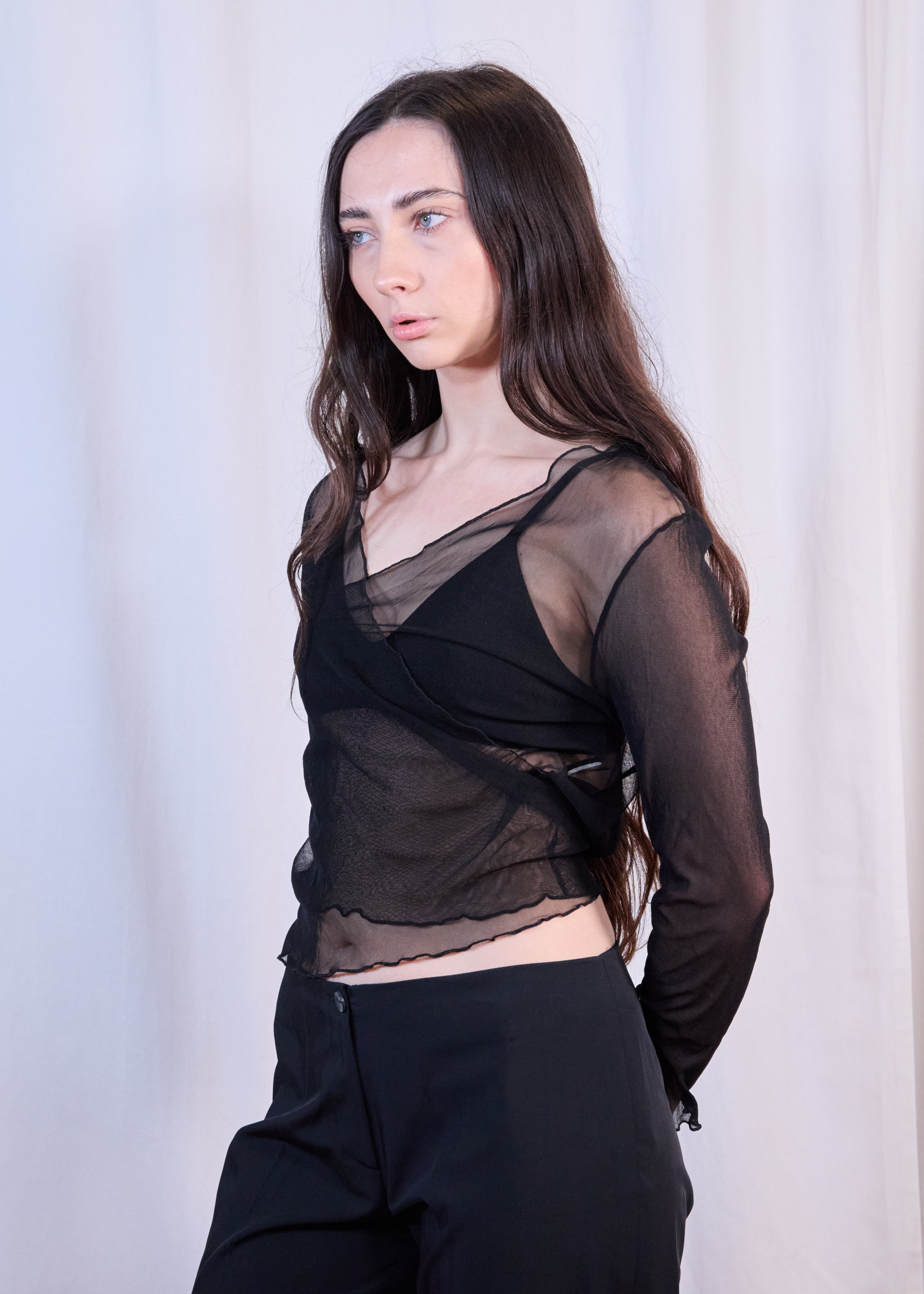 Black Mesh Front Wrap Top