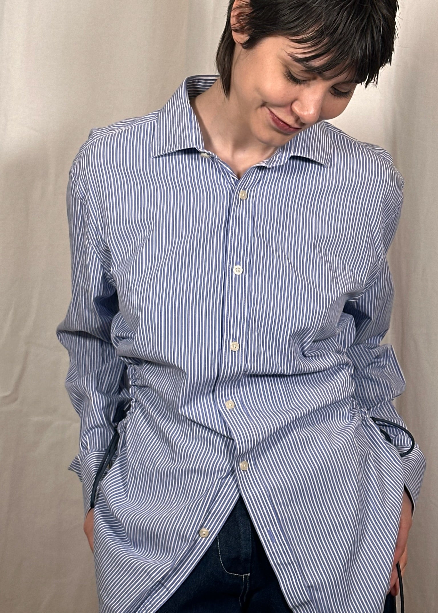 Emily Blue Stripe Cinch Shirt Celosia_Re