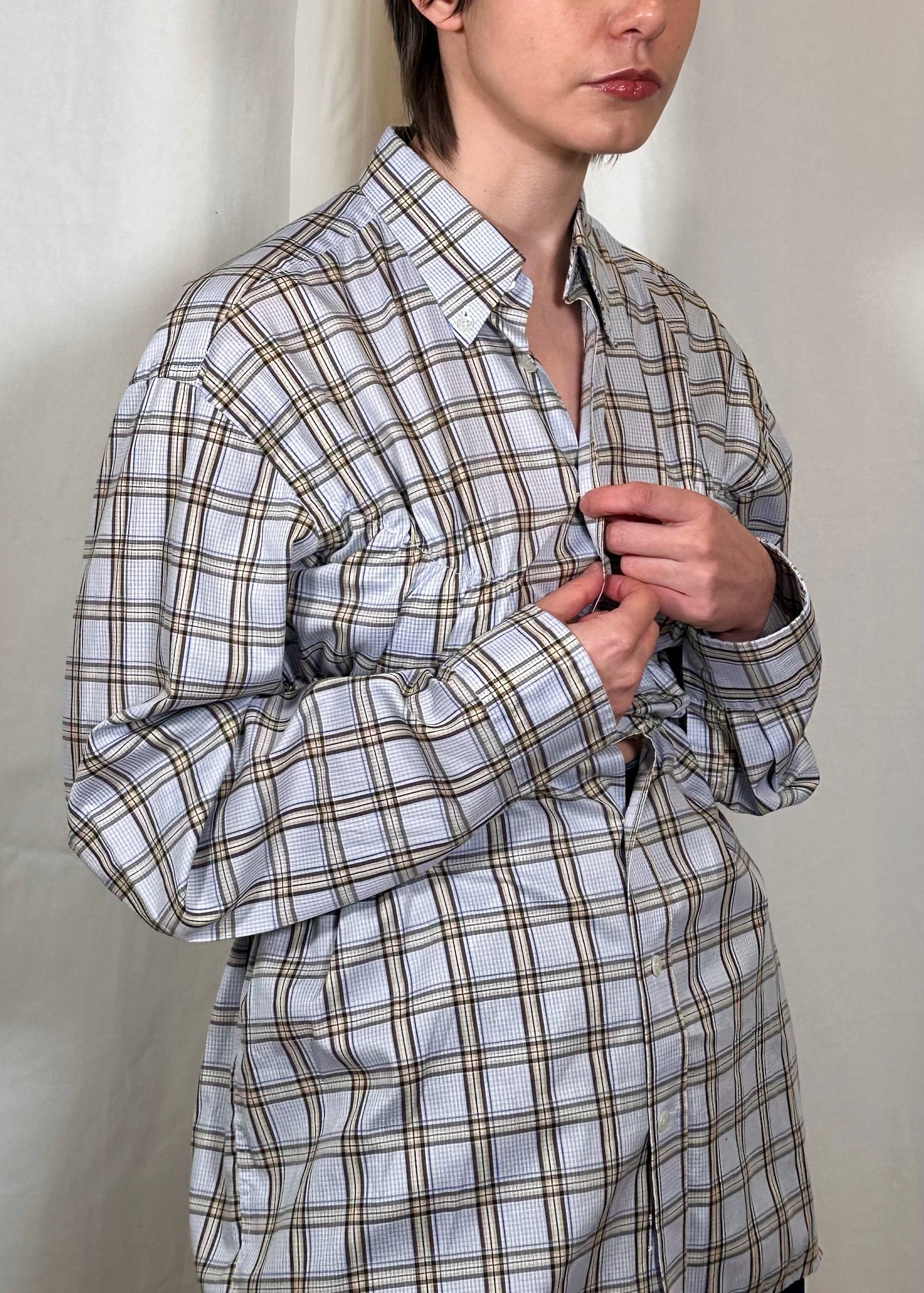 Blue check elastic shirt Celosia Re