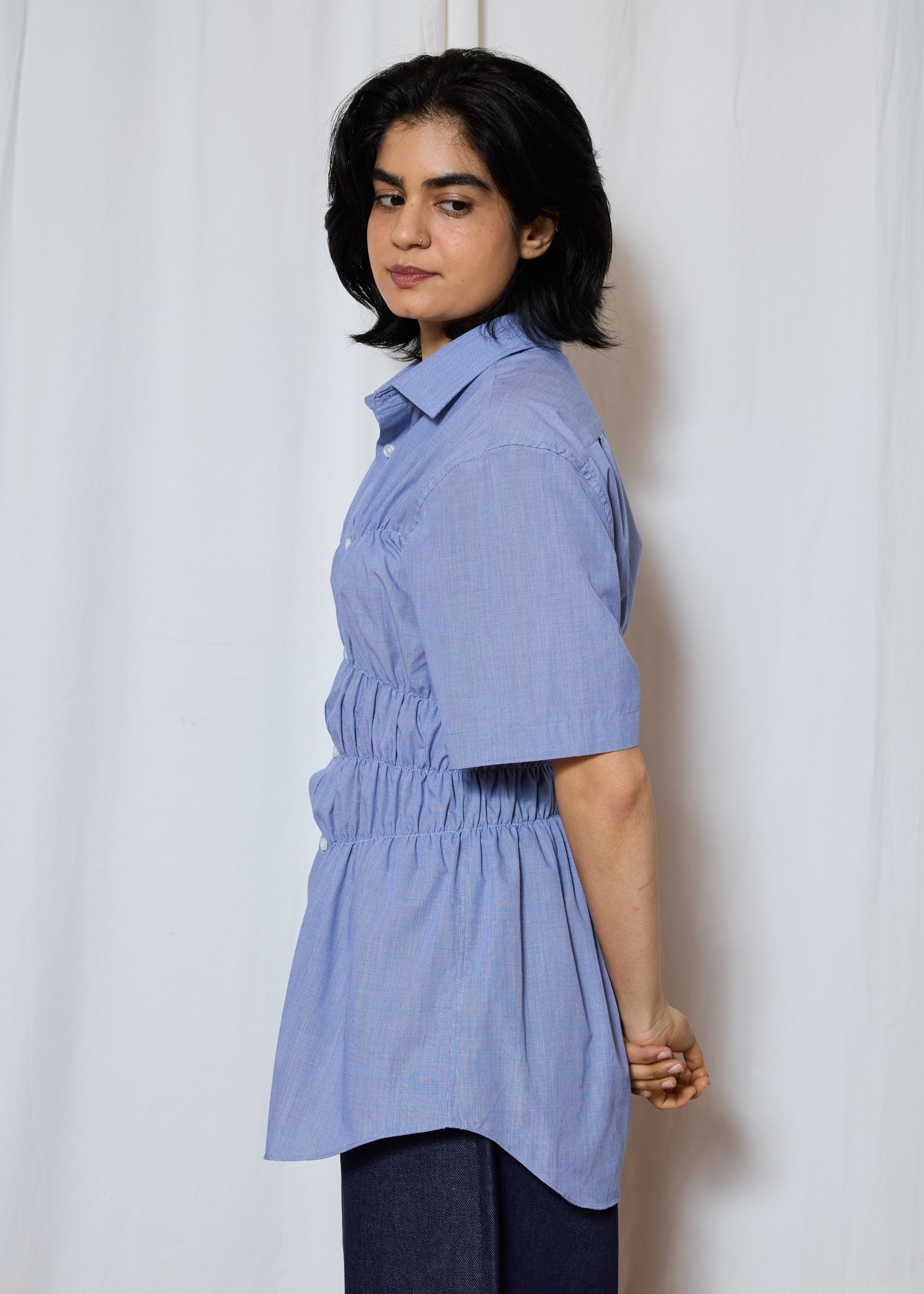 Blue Short Sleeve Elastic Shirt