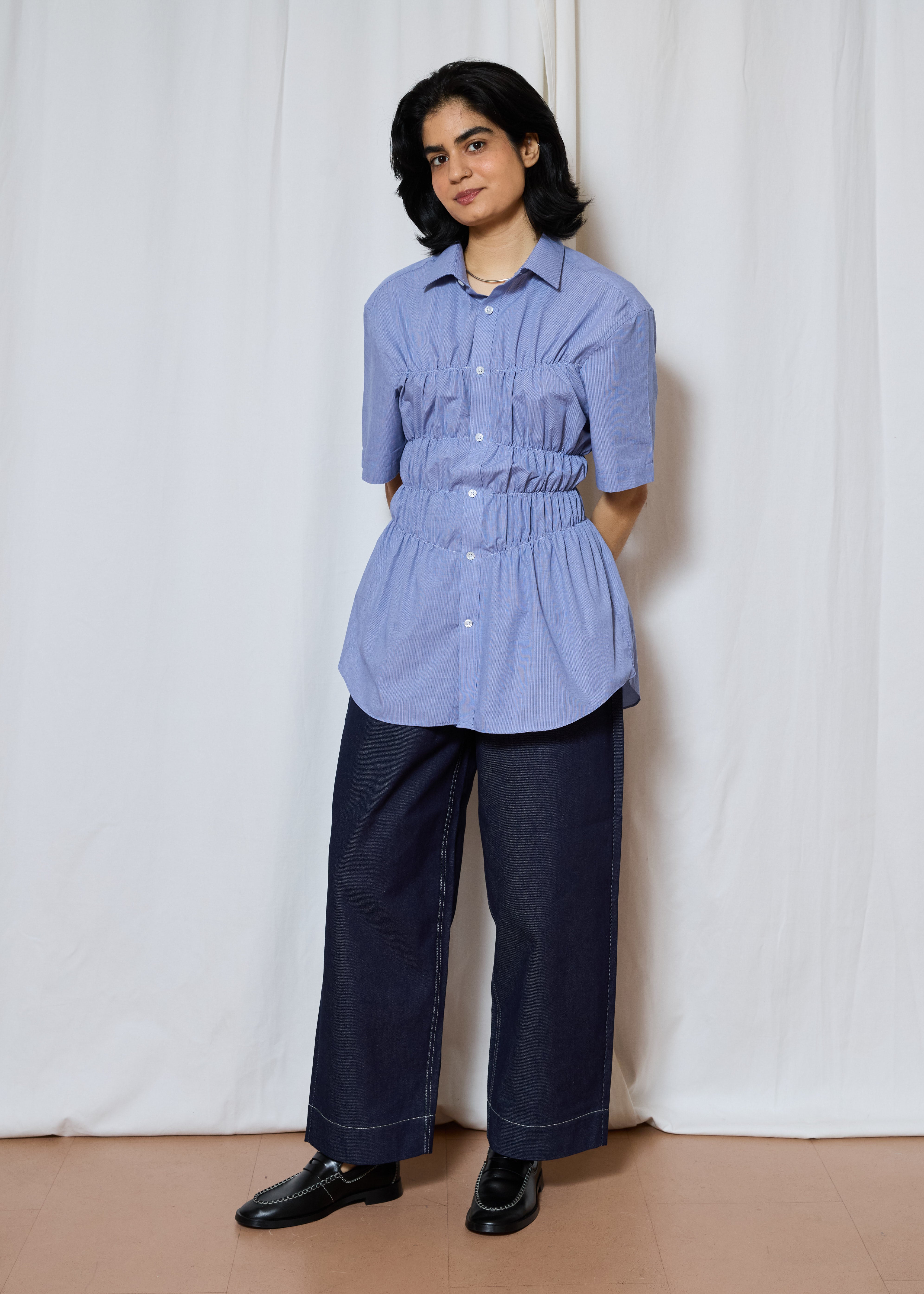 Blue Short Sleeve Elastic Shirt