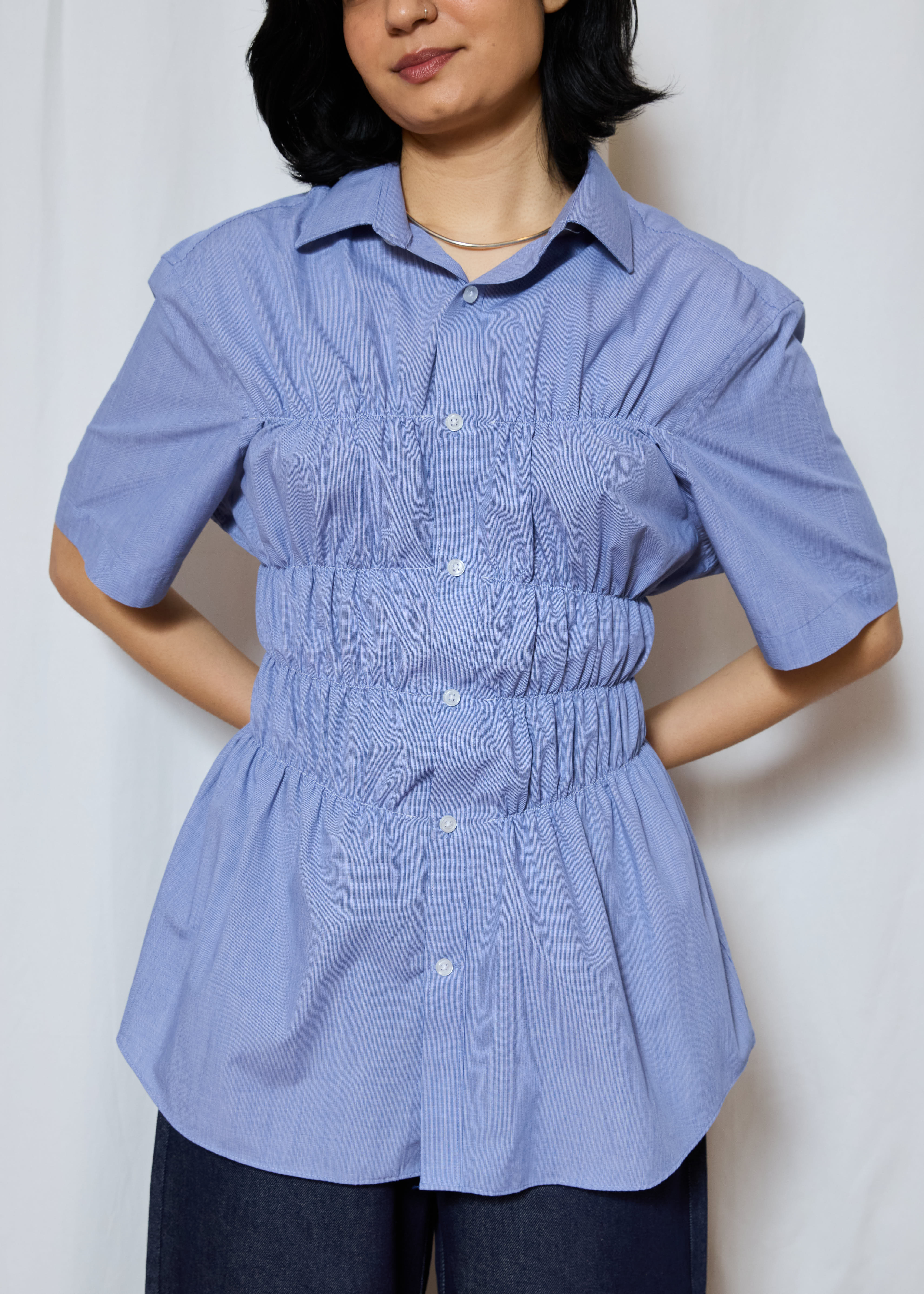 Blue Short Sleeve Elastic Shirt