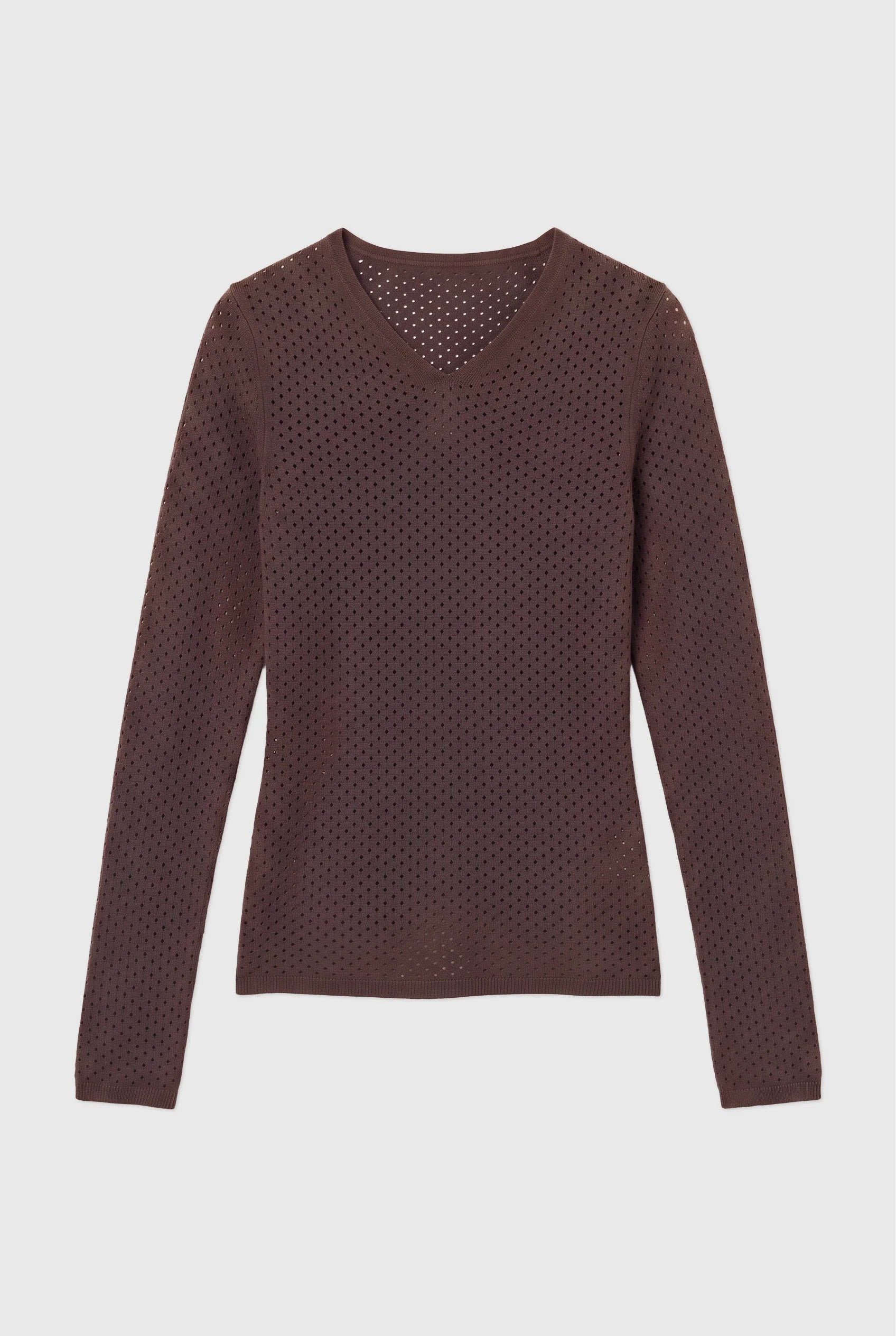 A dark brown long-sleeve knit sweater with a textured, perforated dot pattern and a V-neckline, displayed on a light gray background.