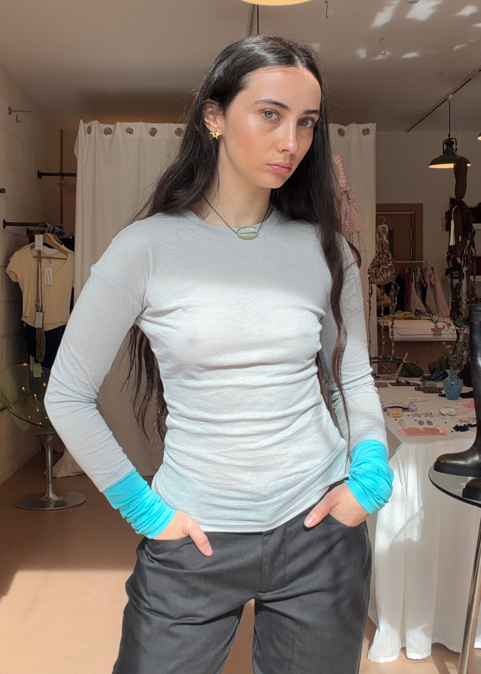 Paloma Long Sleeve Grey & Aqua