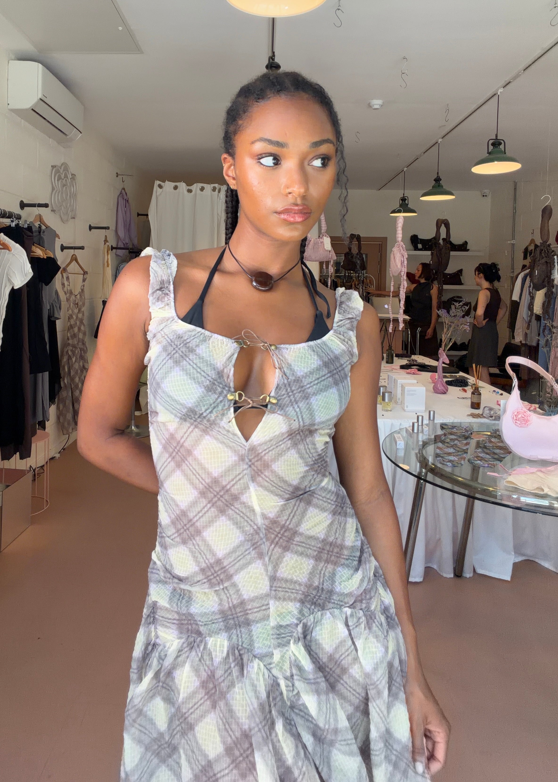 Plaid Puff Chiffon Asymmetrical Dress Porcelain