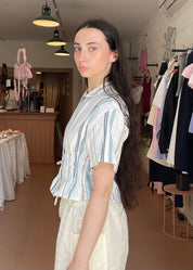 Cascade Shirt in Beige and Blue Stripe (Short Sleeve)