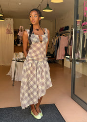 Plaid Puff Chiffon Asymmetrical Dress Porcelain
