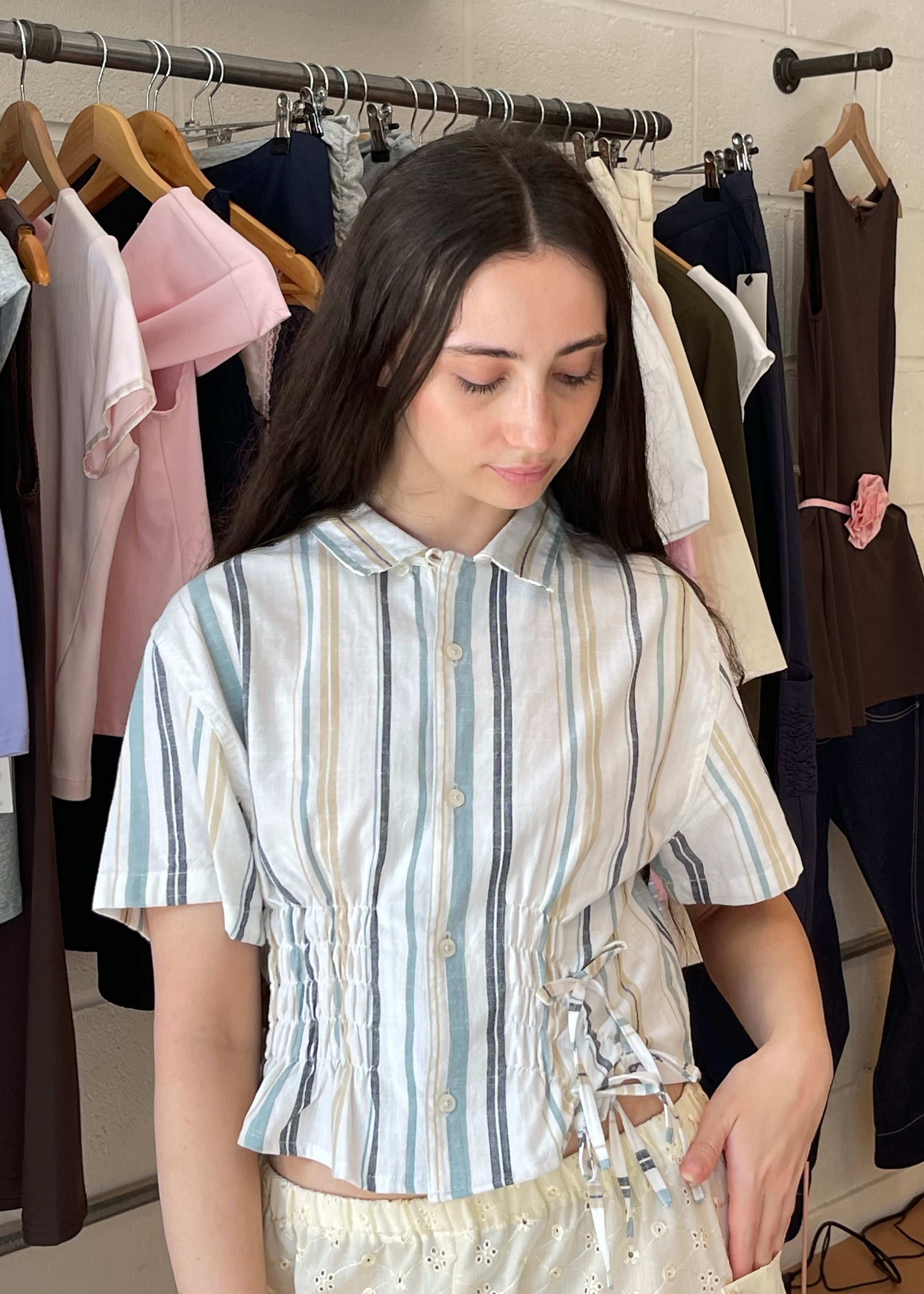 Cascade Shirt in Beige and Blue Stripe (Short Sleeve)