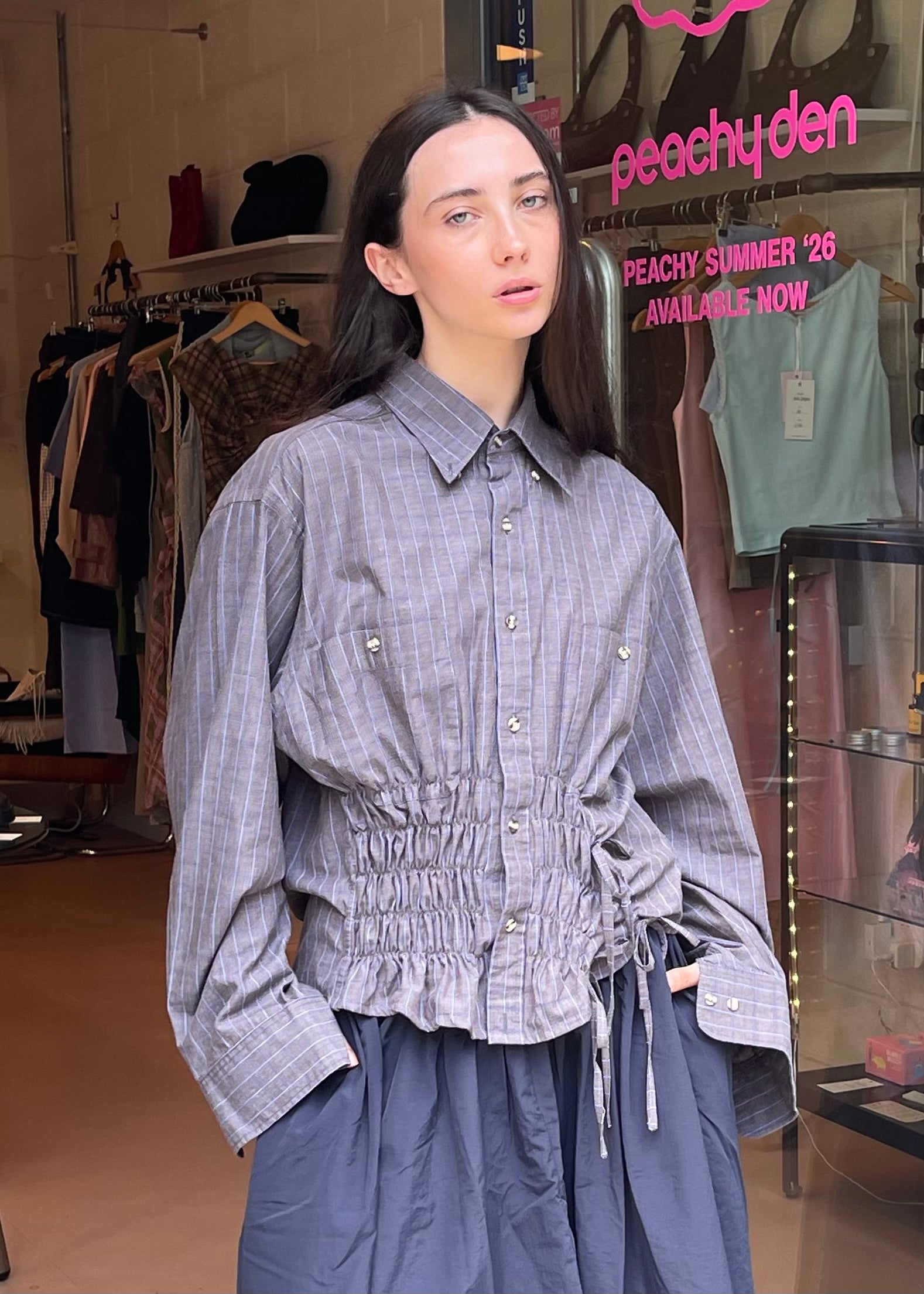 Cascade Shirt in Dark Grey and Blue Stripe