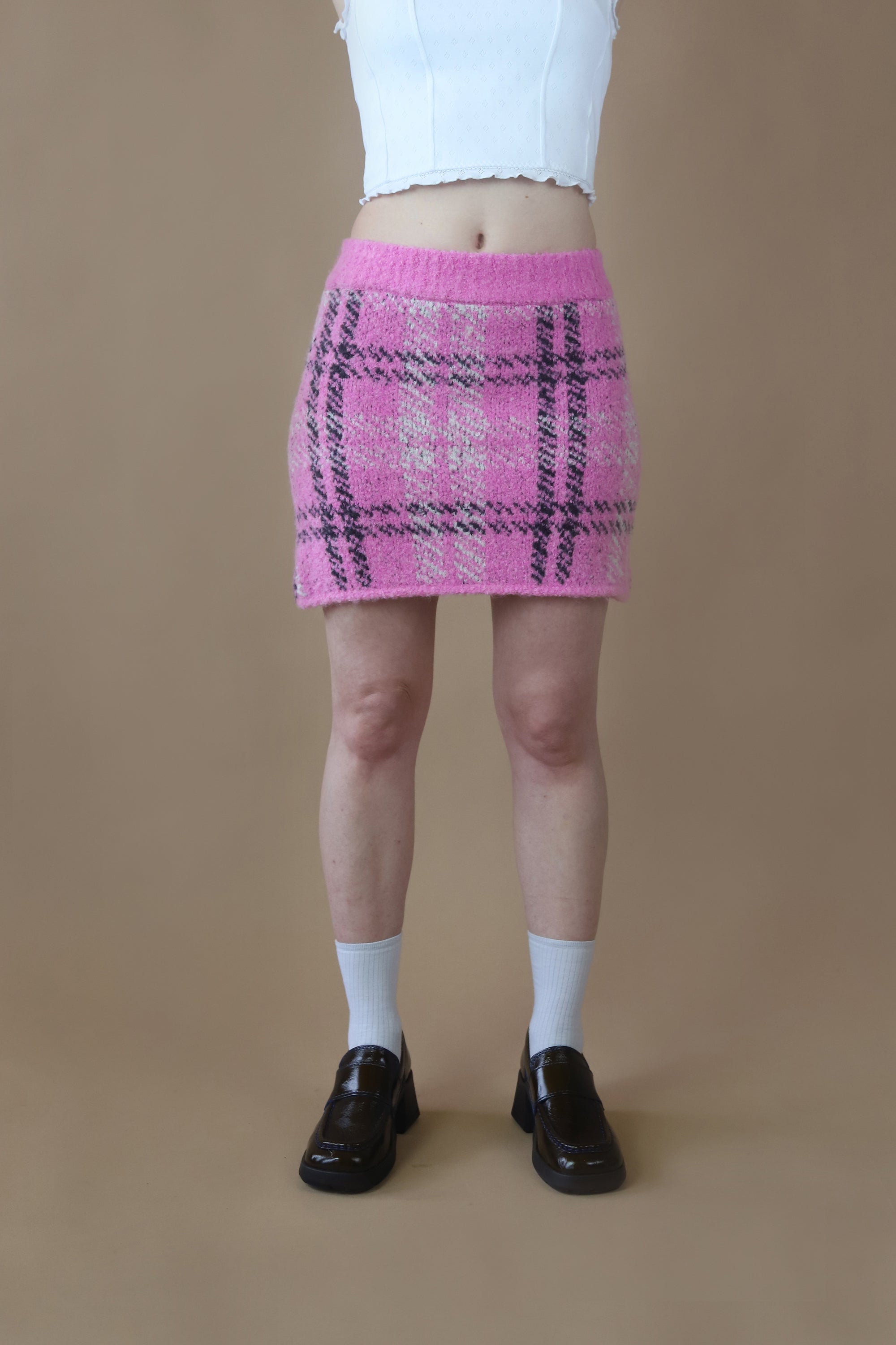 KITRI | Susan Boucle Knit Mini Skirt | Pink Check