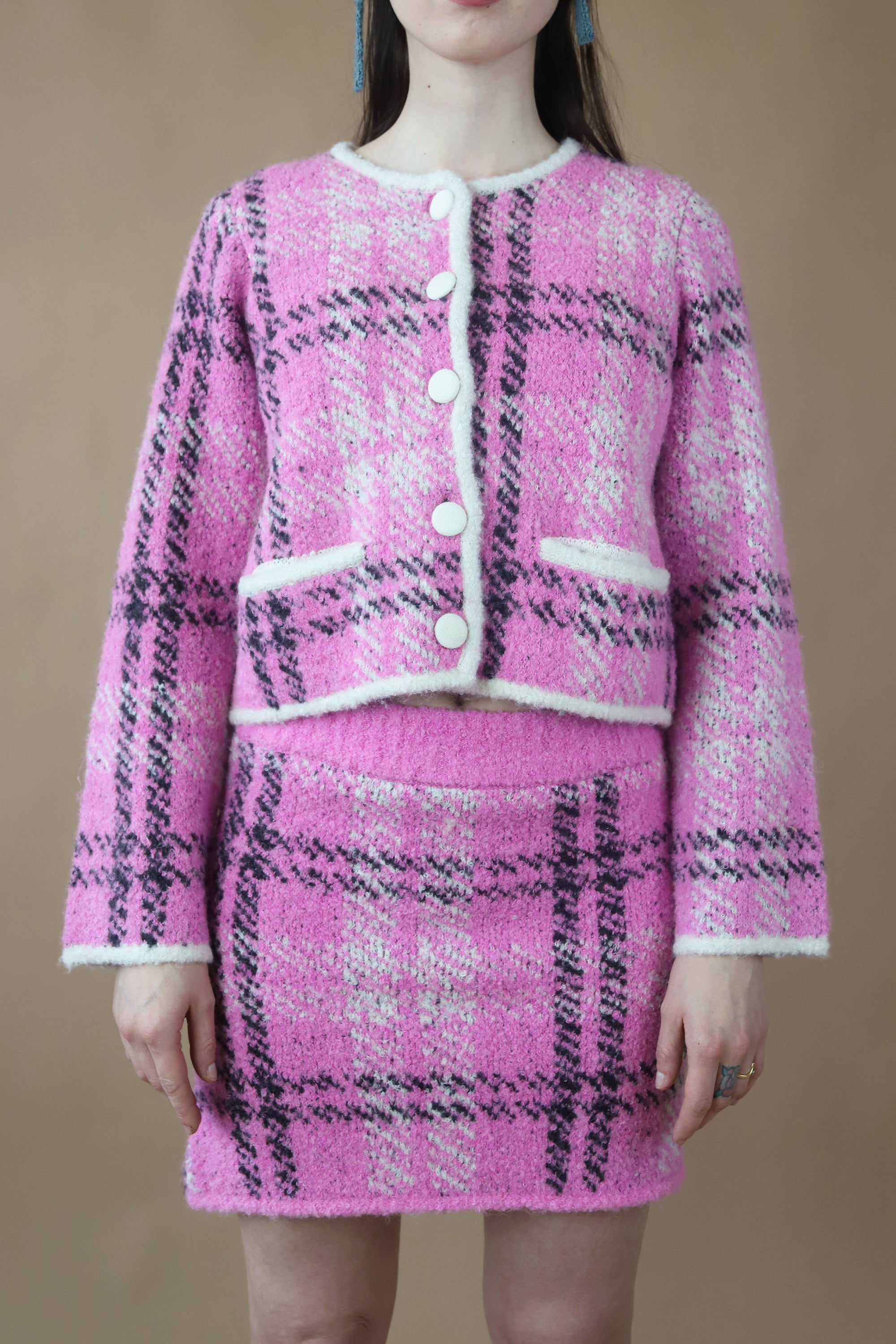 KITRI | Winnie Boucle Knit Cardigan | Pink Check