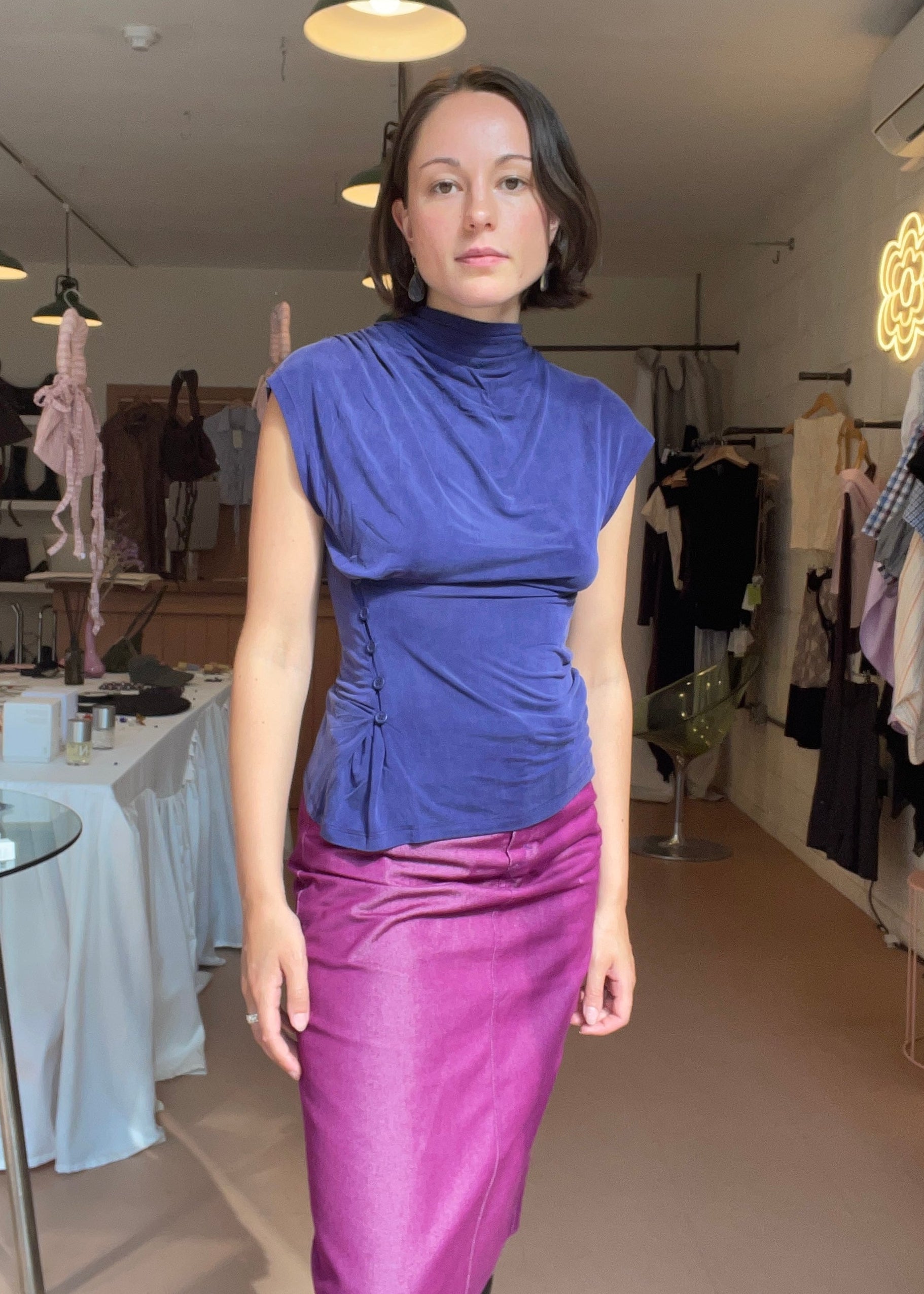 Esme in Kylie utton Top Peahcy Den with Fushcia pencil skirt in norah store shop
