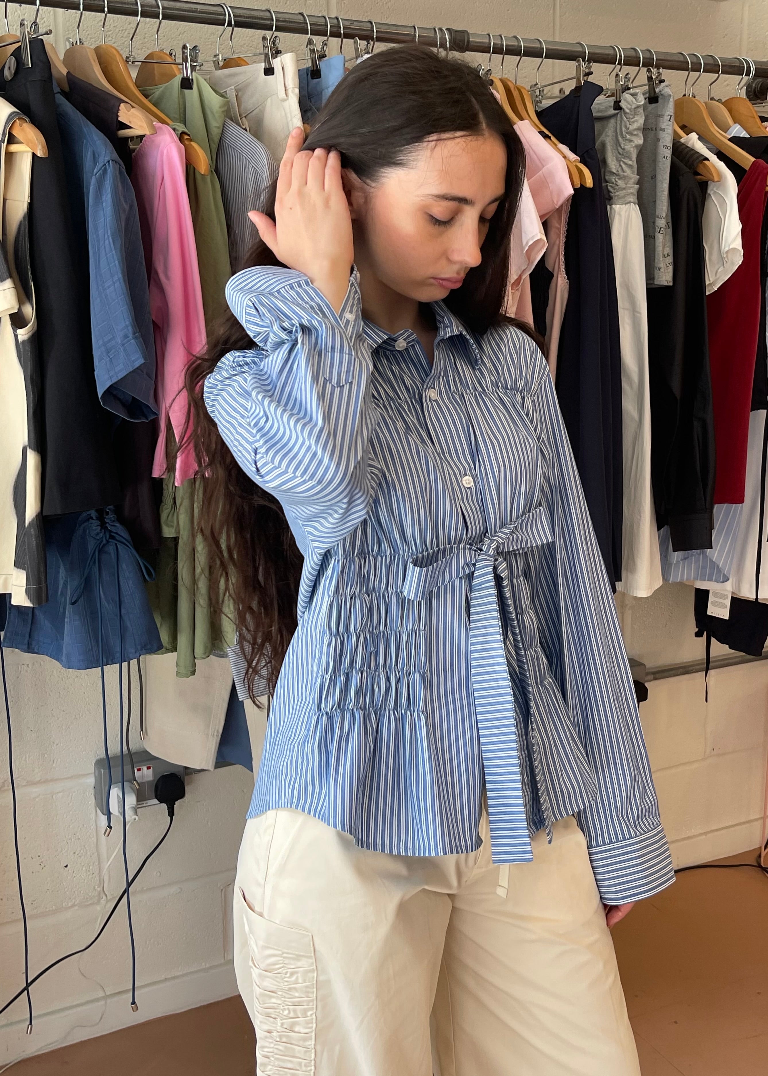 Bustier Shirt in Blue and White Stripe