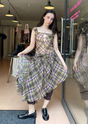 Plaid Puff Chiffon Asymmetrical Dress Smooky