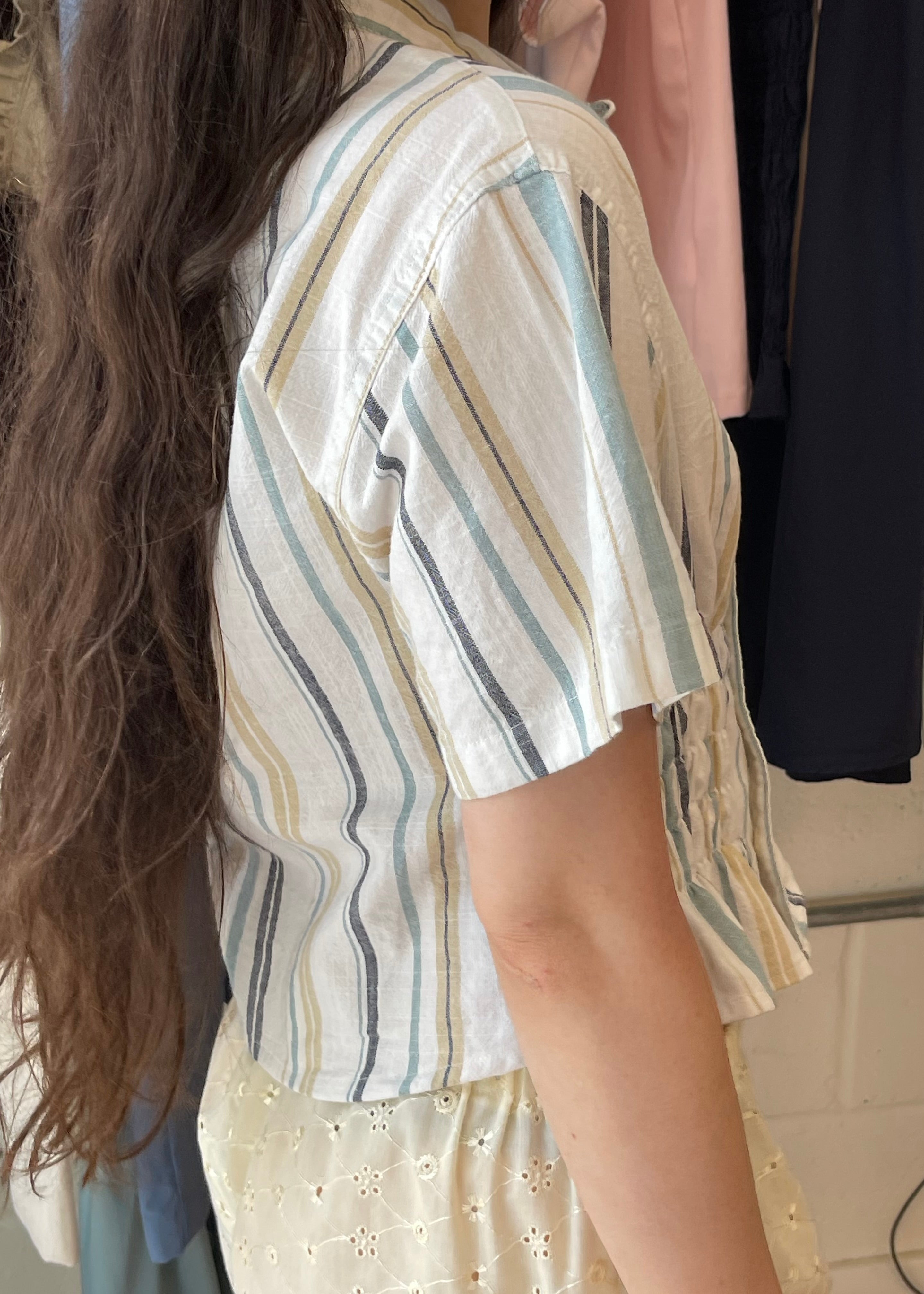 Cascade Shirt in Beige and Blue Stripe (Short Sleeve)