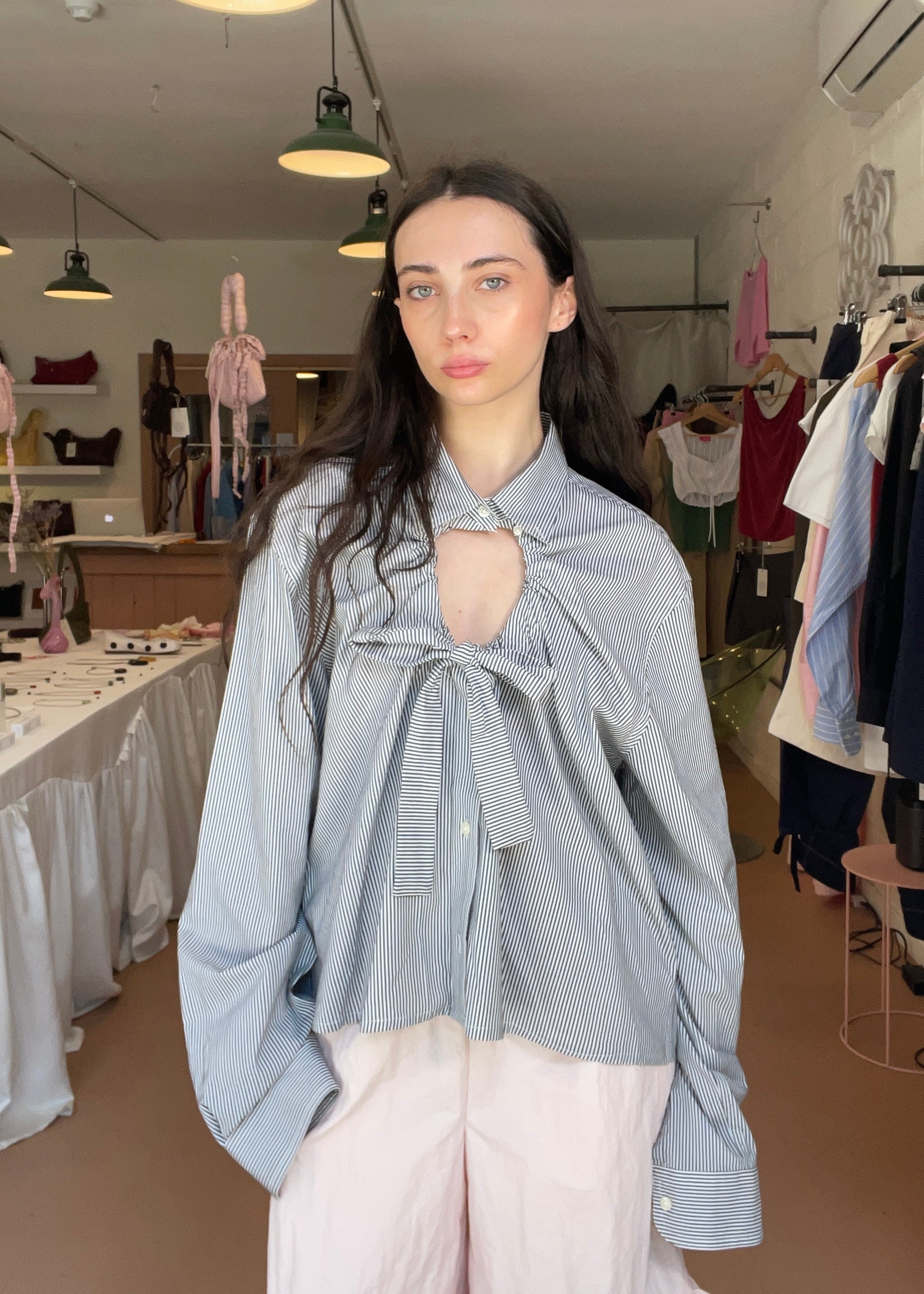 Ventana Shirt in White and Grey Stripe