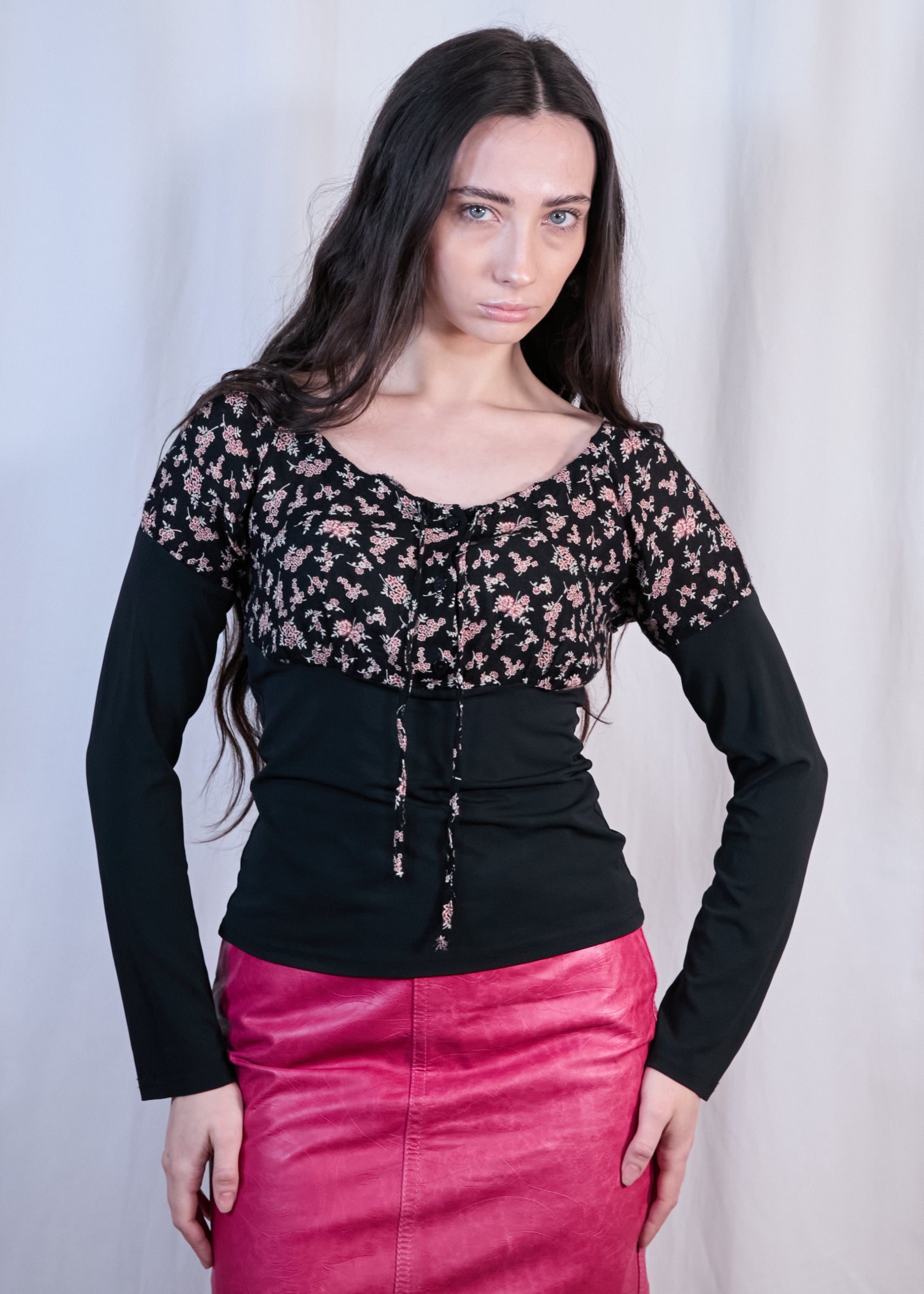 Floral and Black Long-sleeved Top