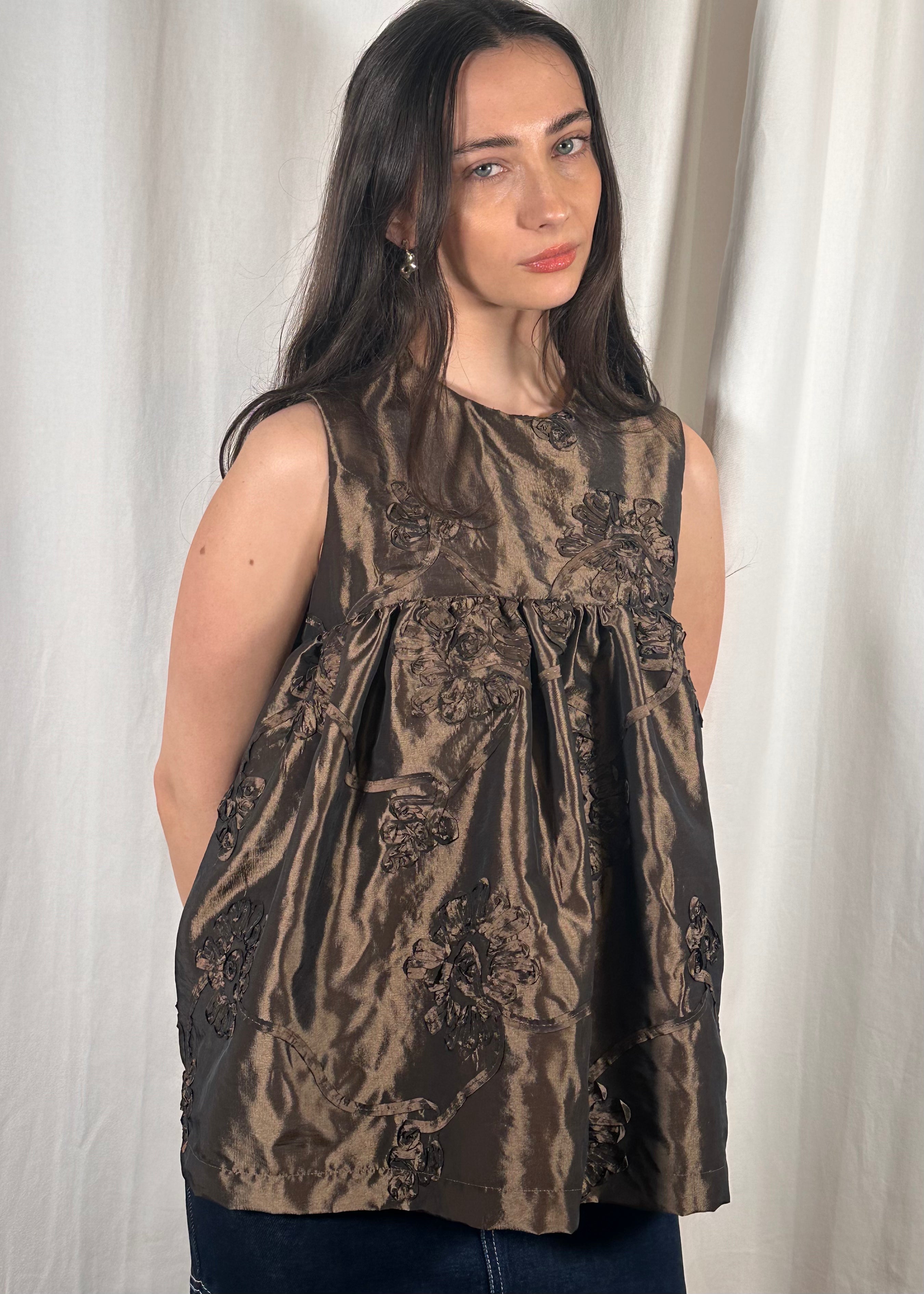 Thrills Top Bronze Metallic Applique