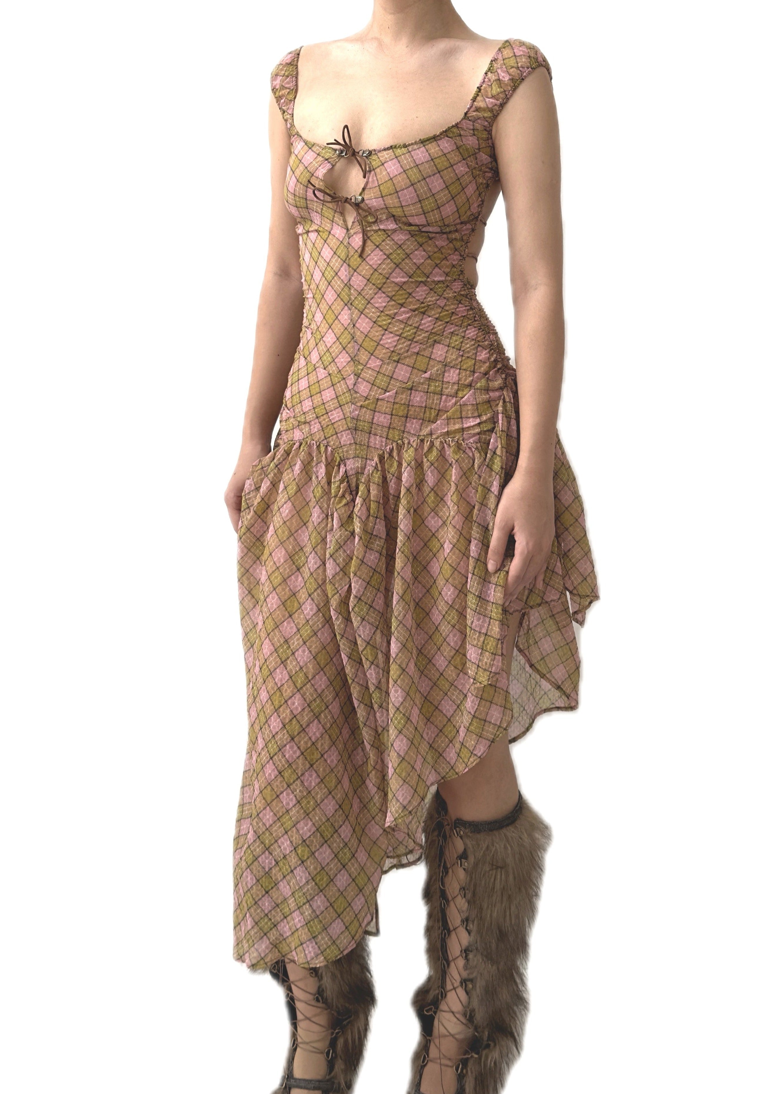 Plaid Puff Chiffon Asymmetrical Dress Fenlü