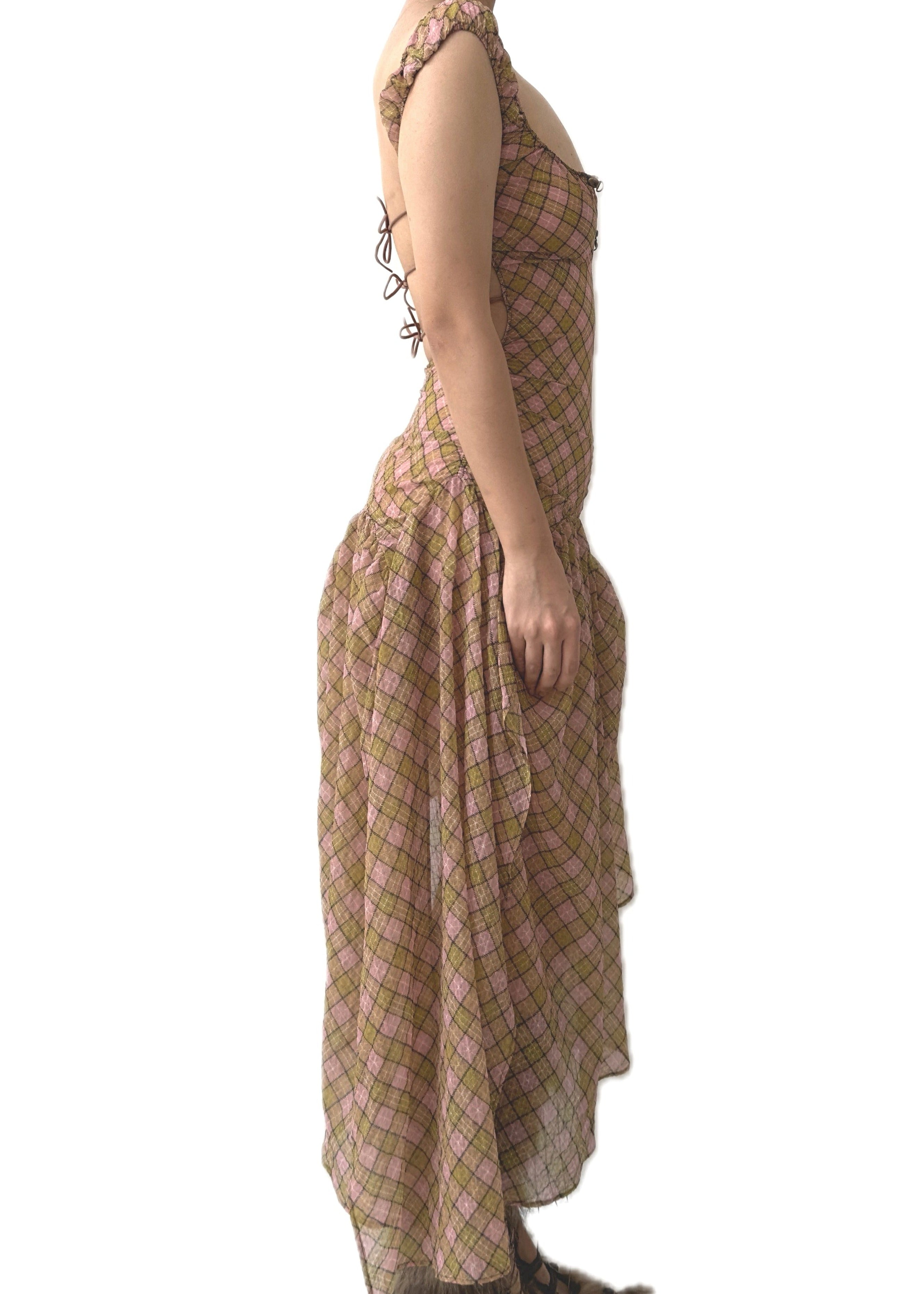 Plaid Puff Chiffon Asymmetrical Dress Fenlü
