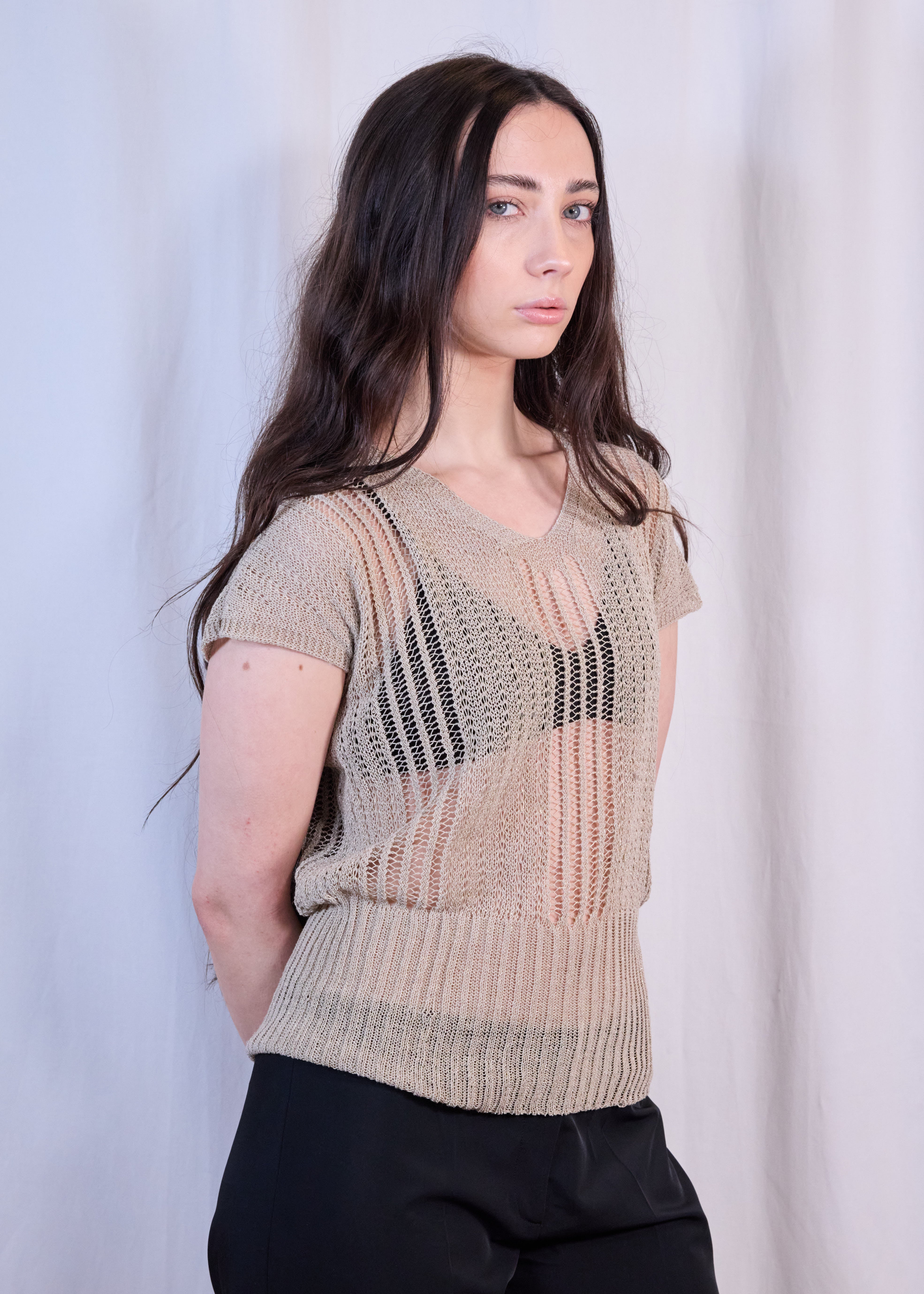 Silver V Neck Mesh Top