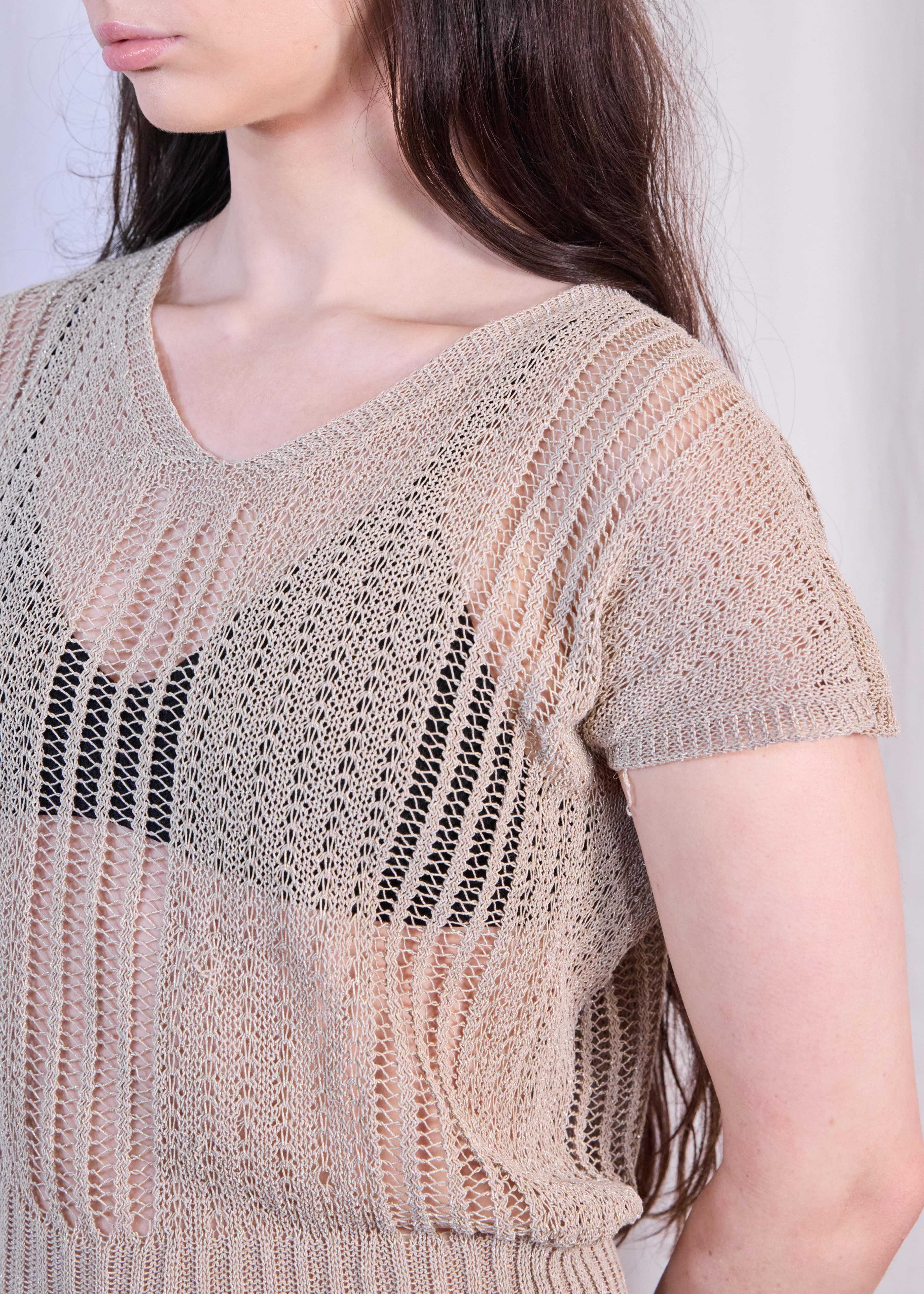 Silver V Neck Mesh Top