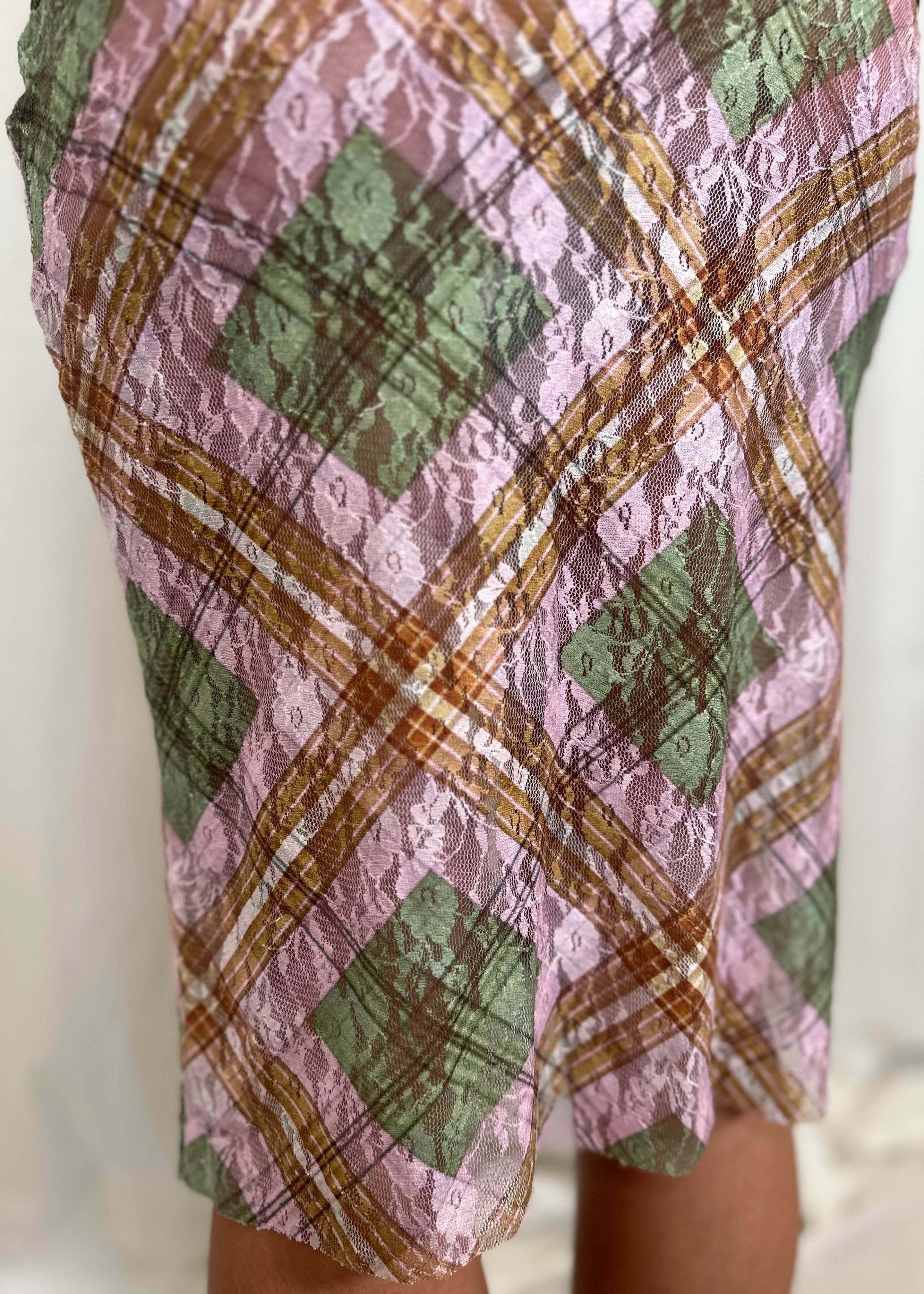 Hakuto Tartan Plaid Lace Midi Skirt