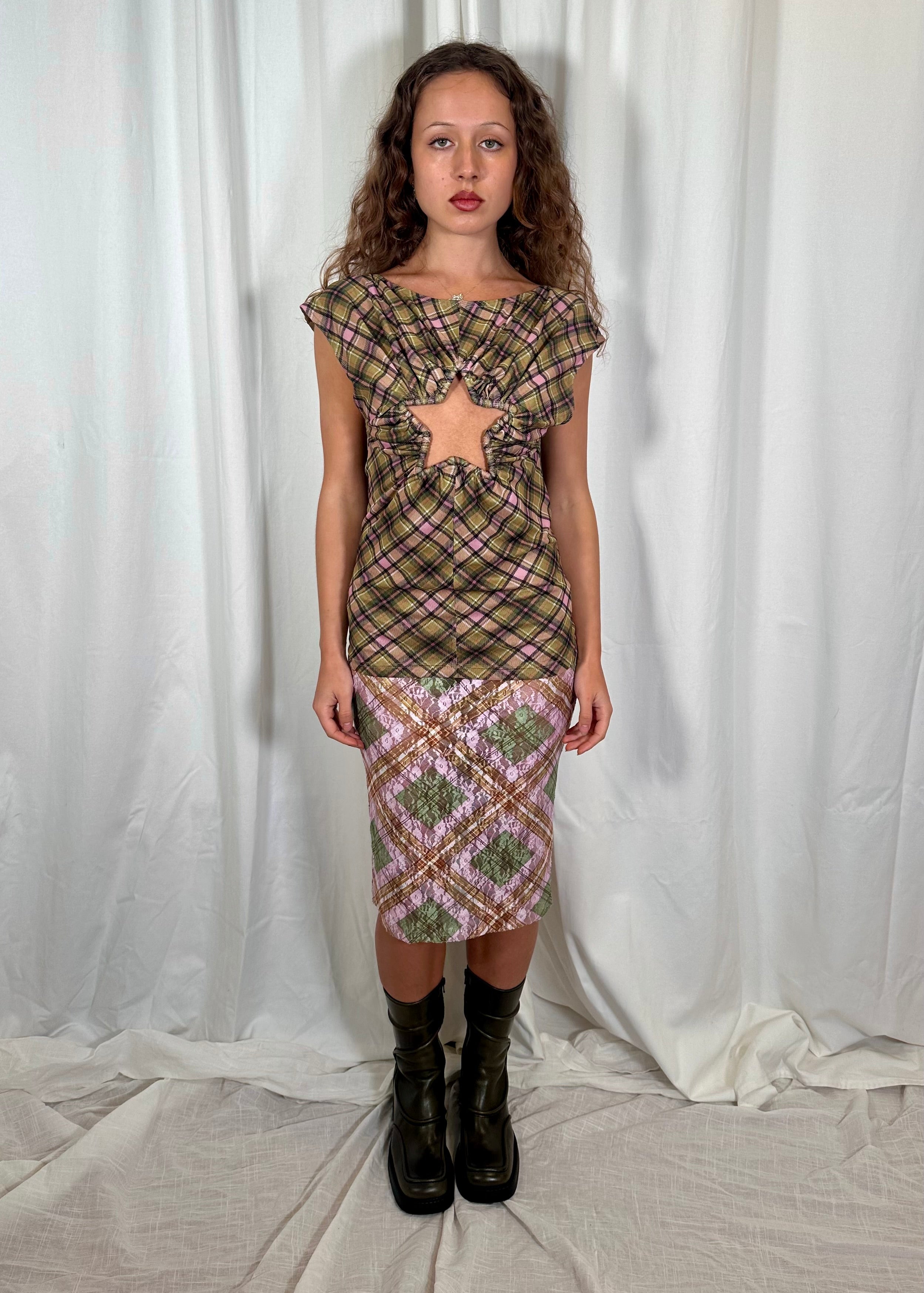 Plaid Mesh Star Cutout T-shirt