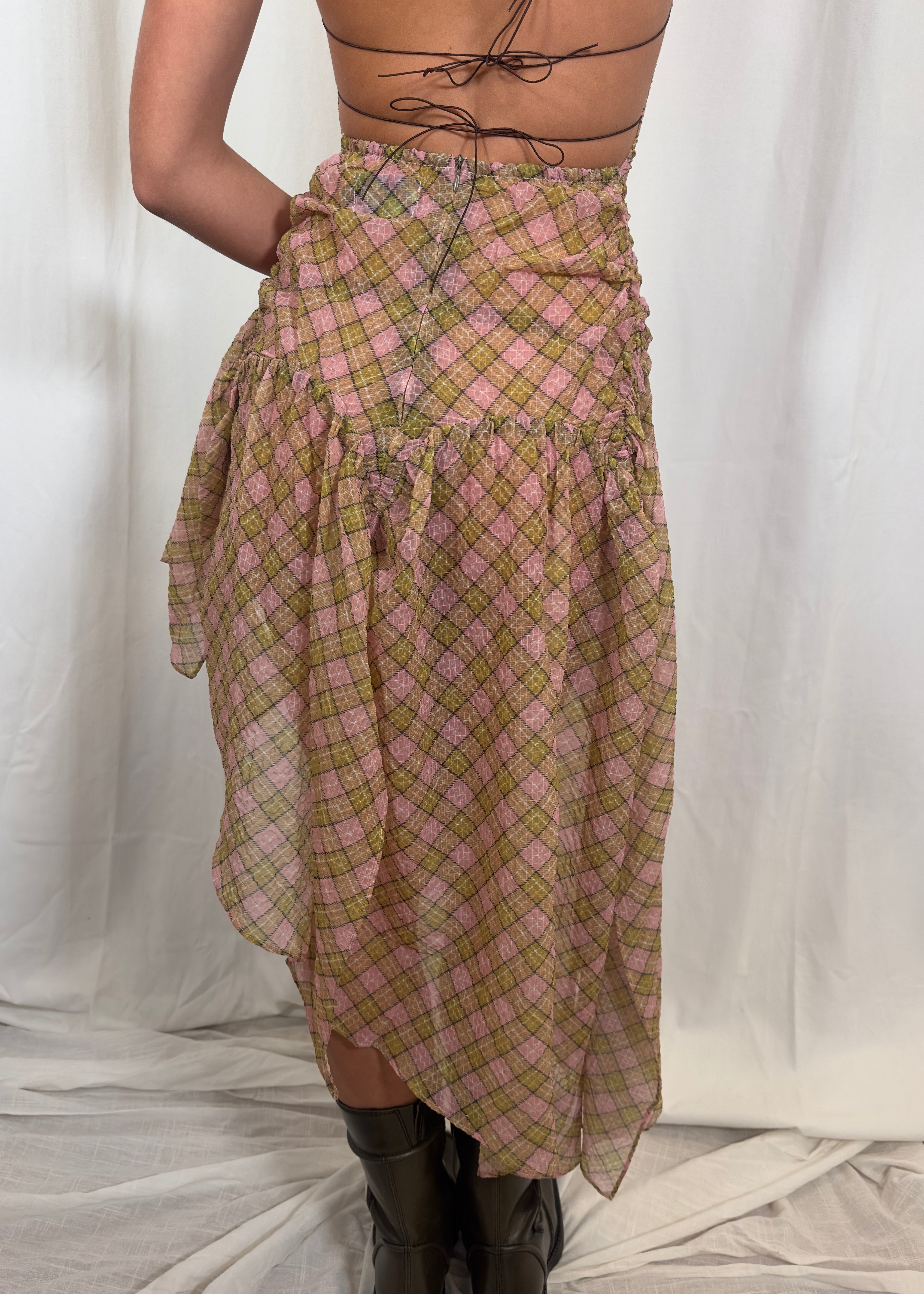 Plaid Puff Chiffon Asymmetrical Dress Fenlü