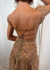 Plaid Puff Chiffon Asymmetrical Dress Fenlü