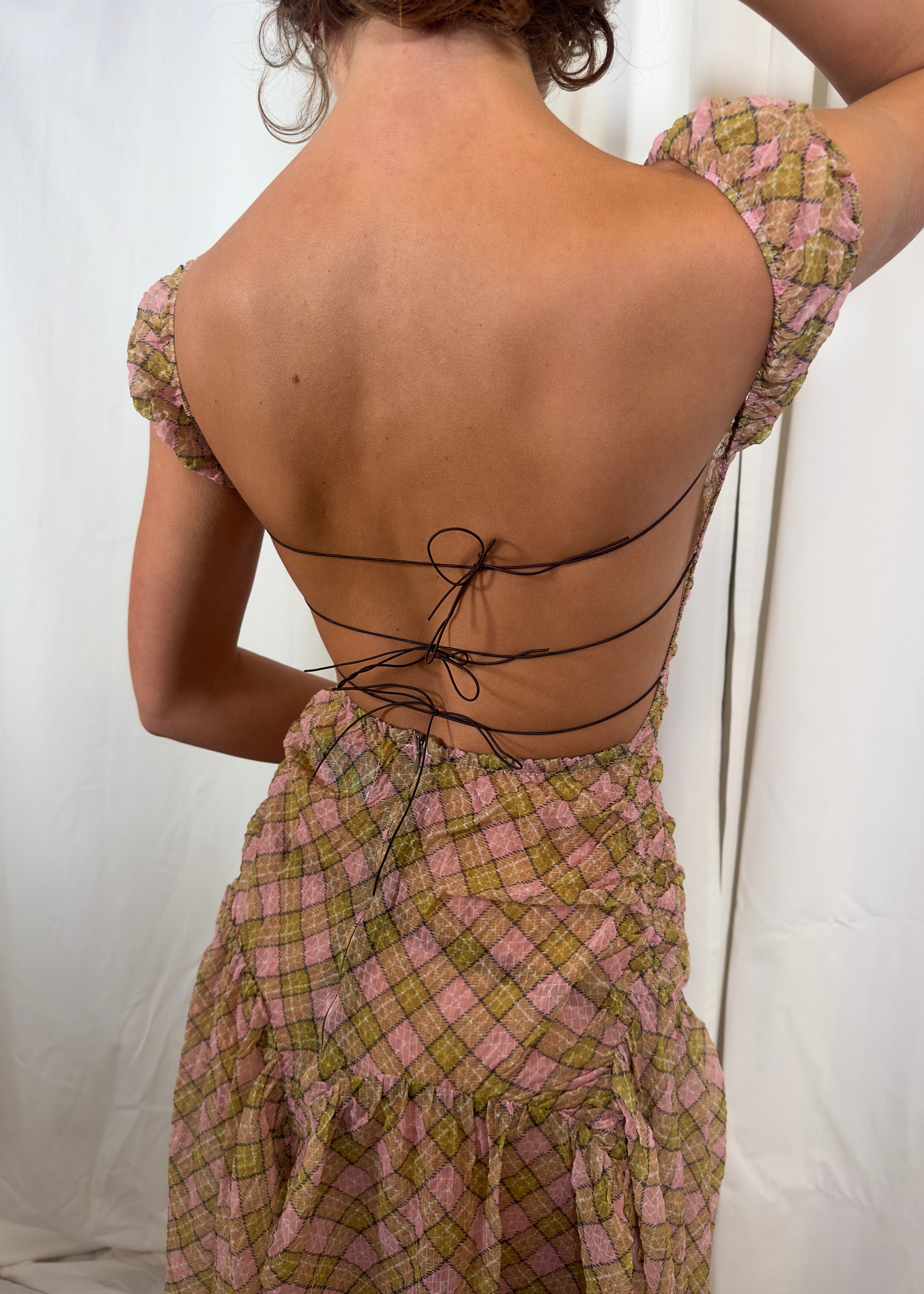 Plaid Puff Chiffon Asymmetrical Dress Fenlü