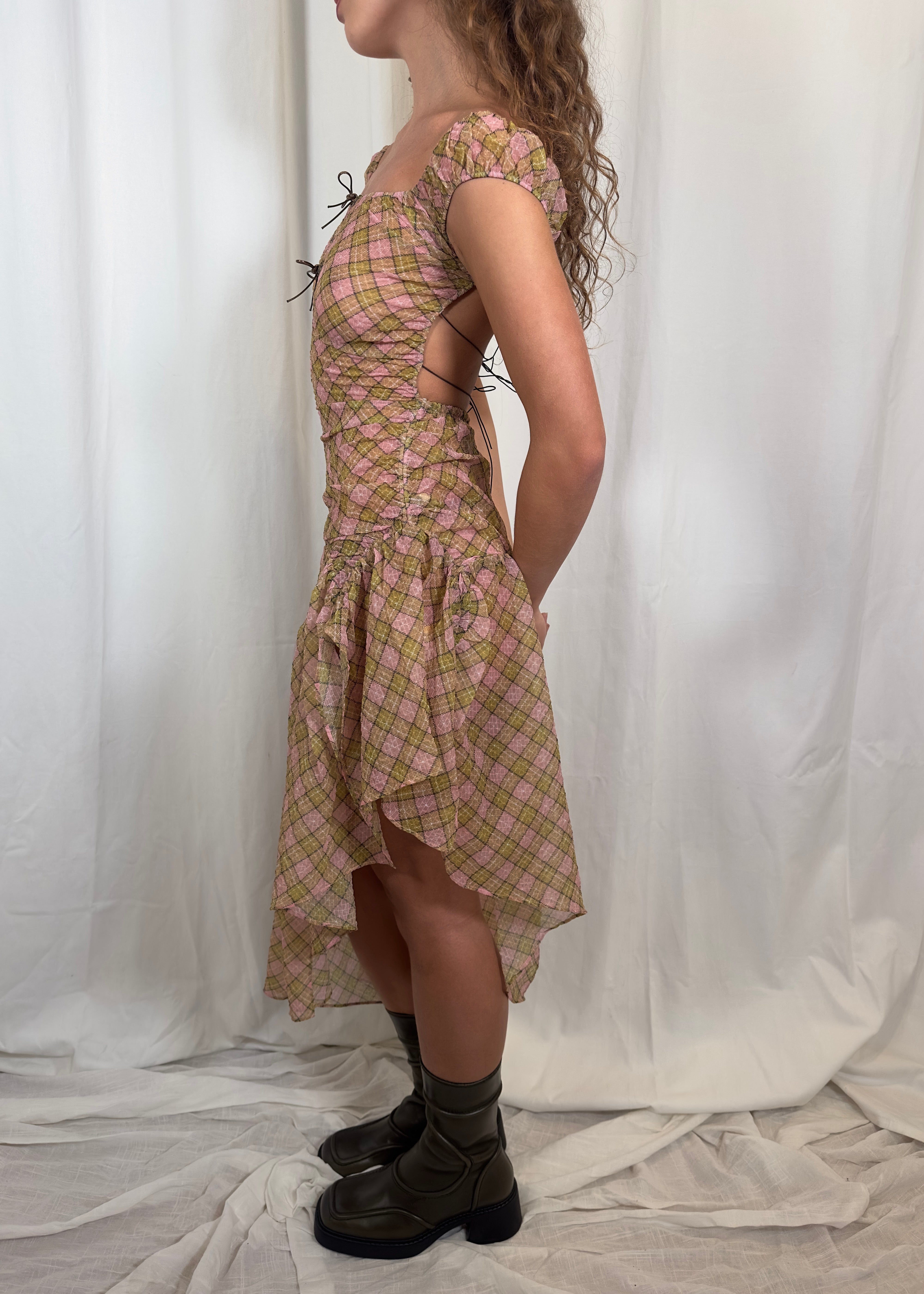 Plaid Puff Chiffon Asymmetrical Dress Fenlü